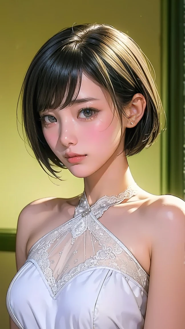 (UHD, Retina, masterpiece, precise, Anatomically_correct, Textured_skin, excellent_detail, High target_details, High target_quality, the best_quality, High target_The reservoir, 1080P, HD, 4K, 8K, 16K), (beautiful_detailed_Eyes, beautiful_detailed_Lips, extremely_detailed_Eyes_and_Face), (Soft_light:1.5), Physically based_Rendering, vivid_color, (Large target_breast:1.5,big nipples), (shining_hair, shining_skin, Tanning_skin, Face红), (Bangs:1.5), Eye_reflection, (Bokeh), (微lol_and_lol, Bob_cut, hair辮, White_see through shirt), Upper body photo。