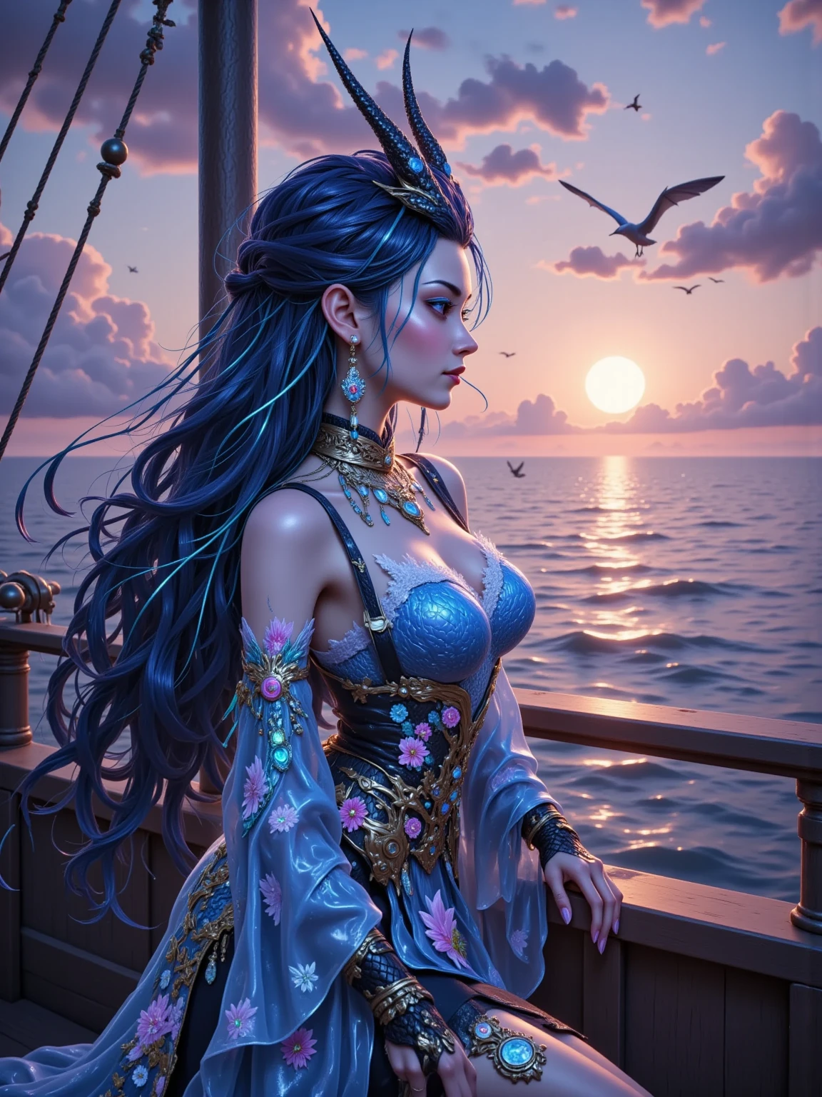 Masterpiece, Best Quality (Highest Level),
A captivating female pirate stands proudly on the prow of her bioluminescent ship, her long, flowing hair catching the gentle breeze. Her radiant eyes glow with confidence and determination as she surveys the vast expanse of water before her. A vibrant, colorful parrot perches on her shoulder, its exquisitely detailed feathers softly emitting a radiant glow that harmonizes with the ethereal, ultra-detailed lights adorning the ship. The intricately designed, shimmering hull of the vessel reflects the clear, tranquil waters, creating an astonishingly beautiful and distinct aesthetic.
(U