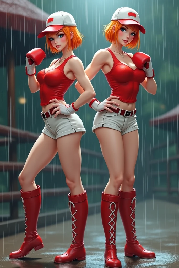 Character design sheet, pale skin sagging breasts (muscular)) , curly hair, ponytail very long hair, small red cape, red leather gloves, Big sport top, cleavage breast, They are disgusting, obscene look, look at viewer, Orange hair , multiples angles, extreme perspective.