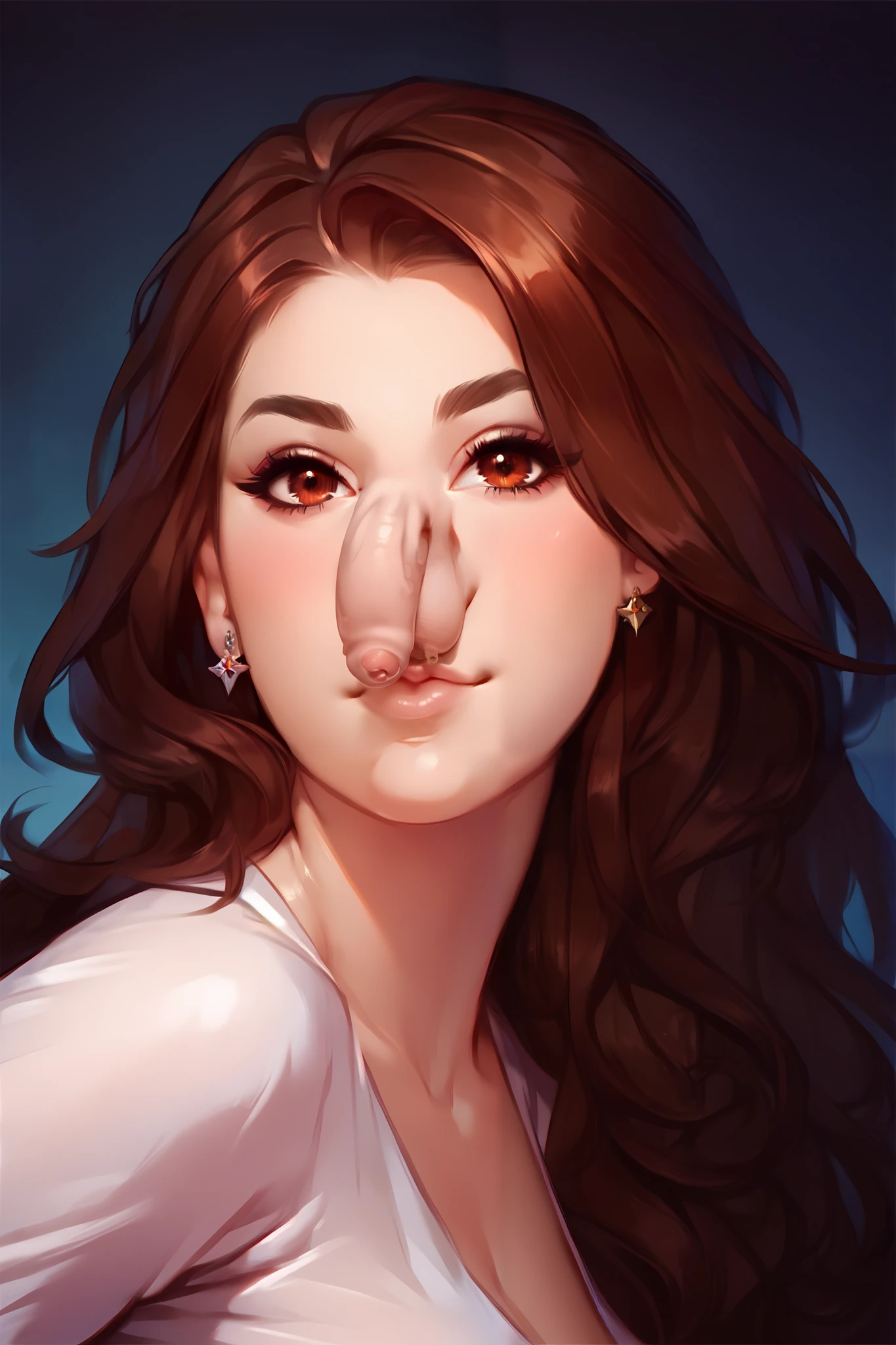 (Super Detailed), (score_9), (score_8_up), (score_7_up), 1girl, (portrait), (Beautiful Girl), (Brown Eyes), (Brunette), (Long Straight Hair), ((Flaccid Nose Penis and scrotum)), (Mouth Partly Open, Not Smiling), (Best Quality)