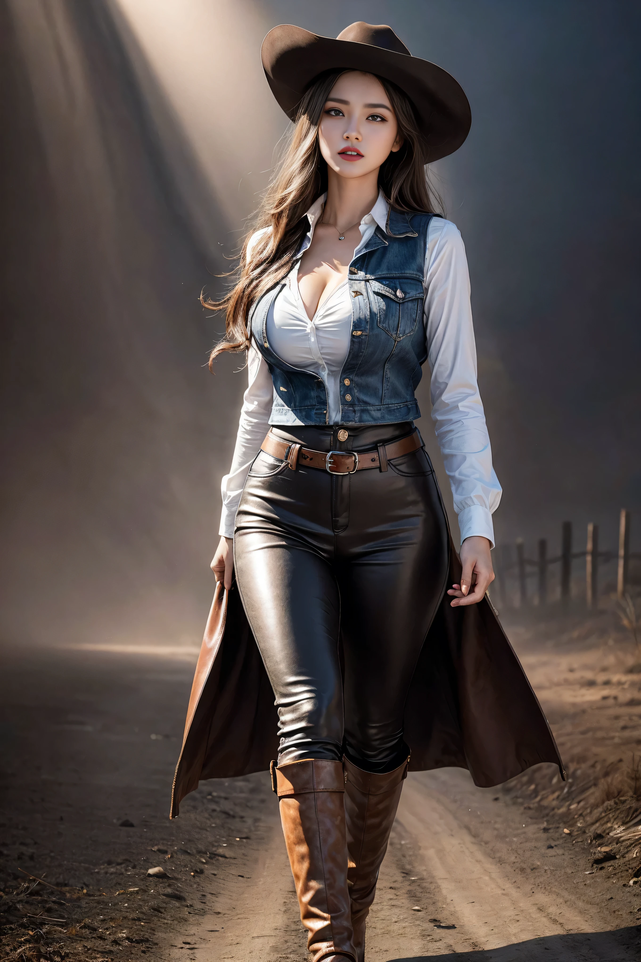 Woman in denim circa 1880s, Brown long straight hair, Brown eyes, High arched eyebrows, Slender and graceful neck, Red lips, Large Breasts, Brown Leather Leggings, Sleeveless Brown Leather Vest, Leather Boots, Walking on the dusty sandy streets of a deserted North American town，The wind blew through her hair, Practical, photoPractical, photoPractical, Fear, Dark atmosphere and dramatic lighting, Deep Red, Foggy environment, Detailed facial expressions, Heavy fog