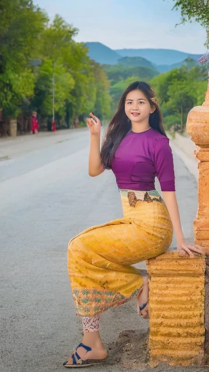 Create Myanmar girl realistic, at the university, acmm ss outfit, wearing acmm top, light purple acmm top, short sleeves, buttons, wearing acmm long skirt, white and pink with printed acmm long skirt