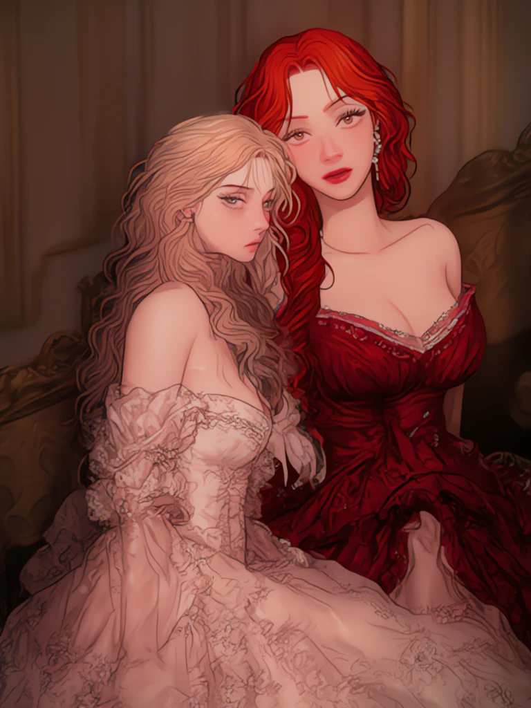 a redheaded woman, Jennifer Connelly, beautiful detailed eyes, beautiful detailed lips, extremely detailed eyes and face, long eyelashes, sensual, sexy pose, elegant dress, detailed clothing, luxurious interior, chandelier, high quality, 8k, photorealistic, cinematic lighting, dramatic colors, chiaroscuro lighting, dramatic atmosphere, fantasy art style