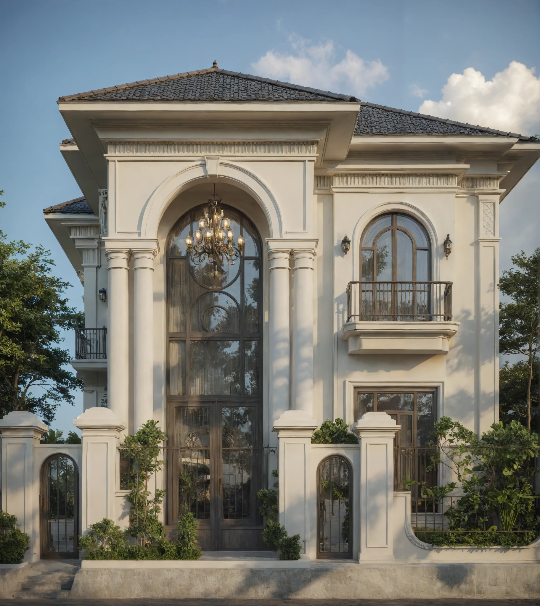exterior of indochine villa, streetcapes, clear sky, few cloud, interior warm lighting, morning sunlight,minimalist landscaping, featuring lush greenery, textured walls, and natural materials. The villa is set under a blue sky with scattered clouds, casting soft shadows, photorealistic rendering with high realism, (RAW photo, masterpiece, best quality,ultra-detailed, extremely delicate and beautiful, highresolution, best shadow:1.1)