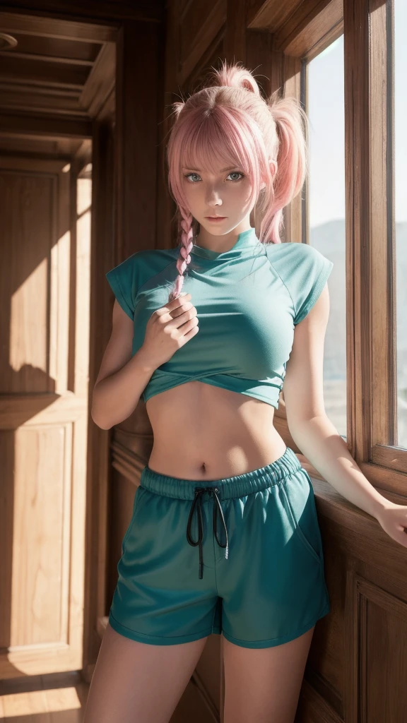 haruno sakura, naruto \(series\), naruto shippuuden, 1girl, accurate konohagakure symbol, bangs, breasts, closed mouth, elbow sleeve, eyes visible through hair, floating hair, forehead protector, foreshortening, green eyes, hair intakes, hairband, looking at viewer, parted bangs, pink hair, red shirt, shirt, short hair, sleeveless, sleeveless shirt, small breasts, solo, upper body, v-shaped eyebrows, ((masterpiece)), medium breast, show nipples, show vagina, spread legs