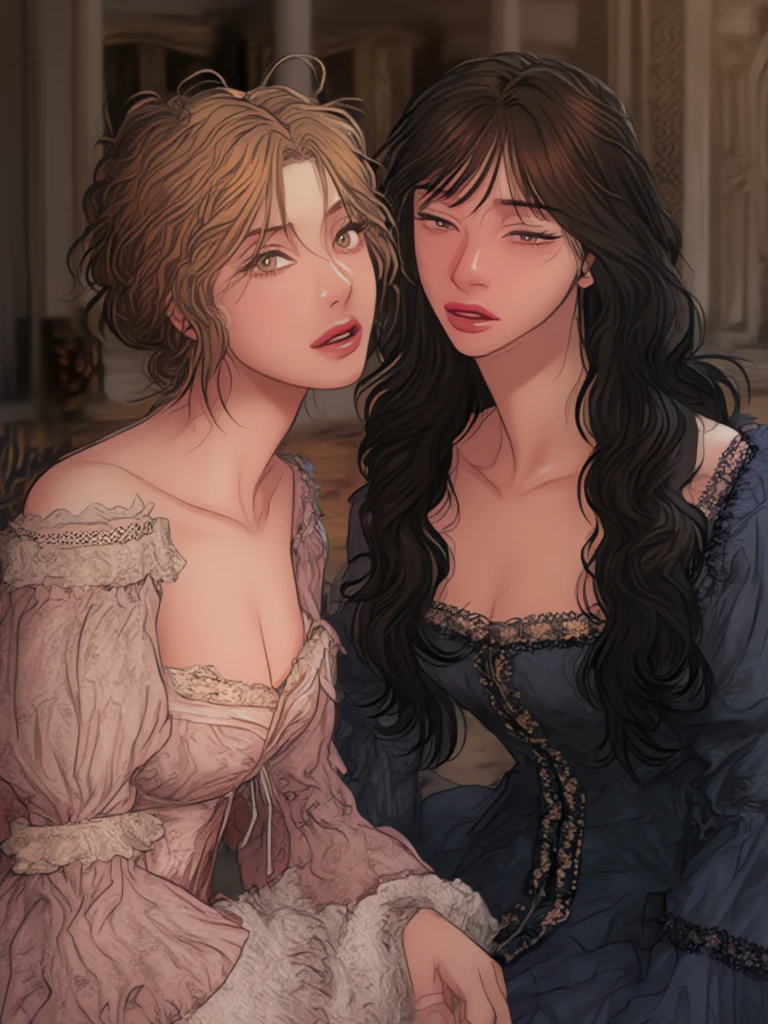 Lesbians, they are in love with each other, It's night and their faces are very close,A maid standing next to the noble lady hiding a book behind her and the young lady of nobility