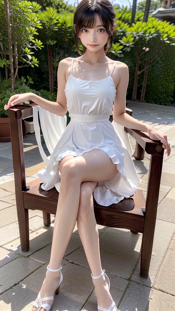 masterpiece、Highest quality、((Full body photography:1.6))、With the girls:her hair is black and short、14 years、Laughter、Your face is round and cute。(((White and blue teen casual fashion)))、Floral。white sandal shoes、Ribbons on the ankles。(running in the meadow With the girls:1.3)、scene:There is a beautiful scene floating in the background.、blue sky, White cloud, Green meadow and colorful flowers。The scene is softly painted like a watercolor painting.、It's a fantastic atmosphere。The scene expresses the imagination and sensibility of the girl、Pubic hair shows completely naked pubic hair) ,more_Become familiar with:1.5, (More and more_Become familiar with:1.9)、Remote location、Raise your hand to show your armpits、Bend your knees and sit on your buttocks on the ground