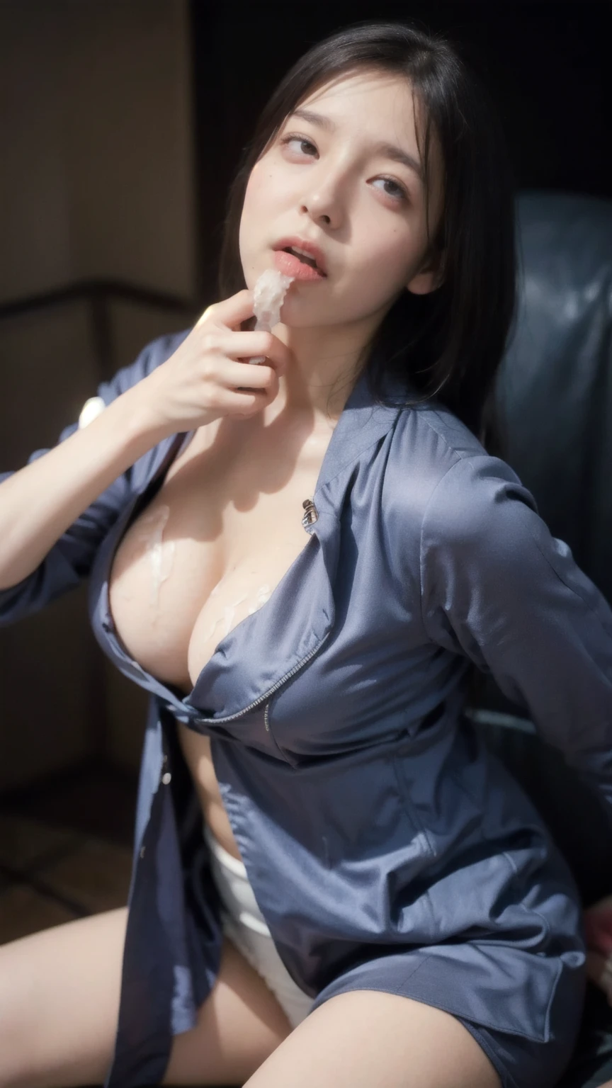 short hair、blazer、shirt、Highest quality、Masterpiece、High resolution、A shy smile、One Woman,、Cleavage、Large Breasts、((((cum in hair:1.2、cum facial:1.2 ))))