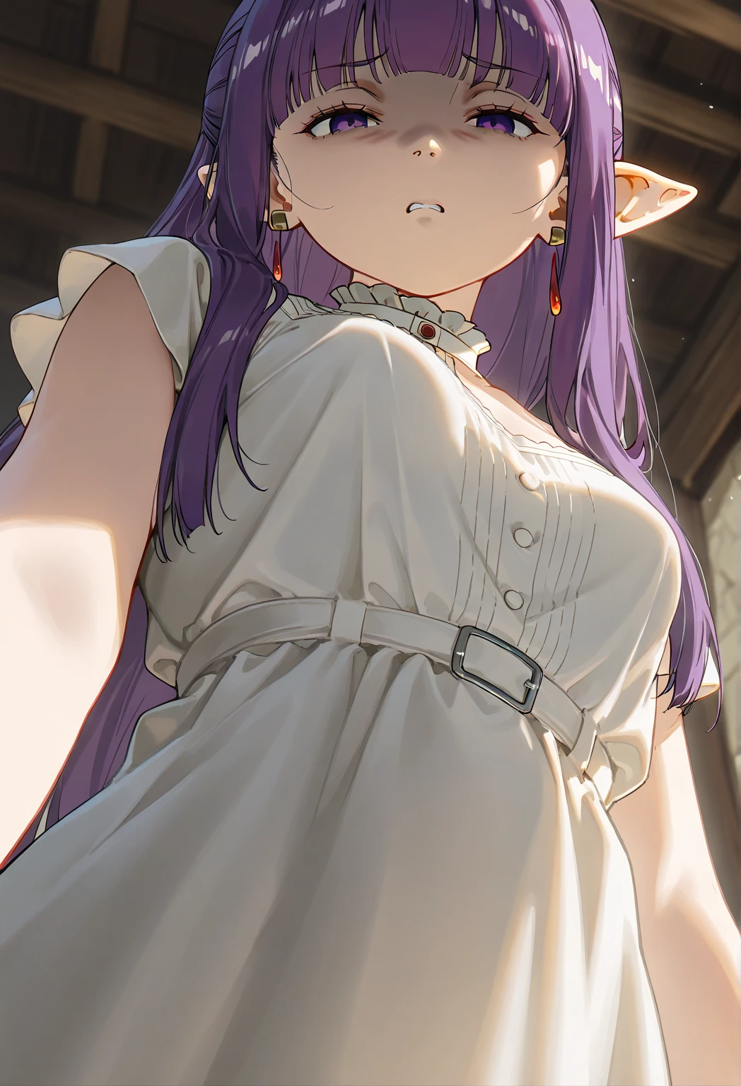 (masterpiece:1.2, best quality:1.2, beautiful, high quality, highres:1.1, aesthetic), detailed, extremely detailed, ambient soft lighting, 4K, perfect eyes, perfect face, perfect lighting, 1girl, solo, huge breasts, huge ass, huge thighs, narrow waist, wide hips, thick thighs, curvy, standing, looking at viewer, view focus on her ass, back to the viewer, walking up stairs, Emilia, Emilia from re zero, long hair, silver hair, blunt bangs, braid, hair ornament, hair flower, hair ribbon, purple ribbon blue pupils, purple eyes, ringed eyes, elf, cleavage, center opening, mini skirt, skirt flip, showing pantys, blushing,sweating, (breathing hard), (panting), anime, smile, outdoors, (masterpiece:1.2), highres, best quality, 8k, very clear,
