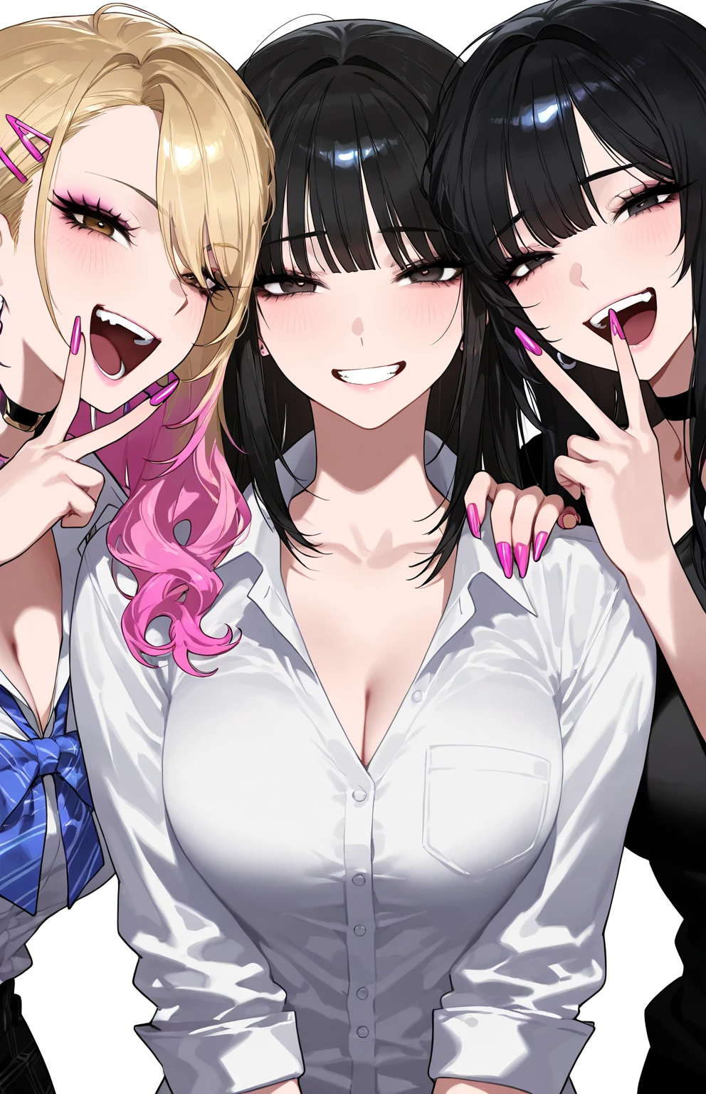 3females,blowjob,handjob,aggressive gyarus,eyelash,black hair,brown hair,short hair,tongue out,sweaty,aroused and happy,looking at penis,bukkake on face,vulgar gyaru,at nightclub,females licking 1penis pov,from above,bukkake on face,(only 1penis),hyperrealistic,excessive cum