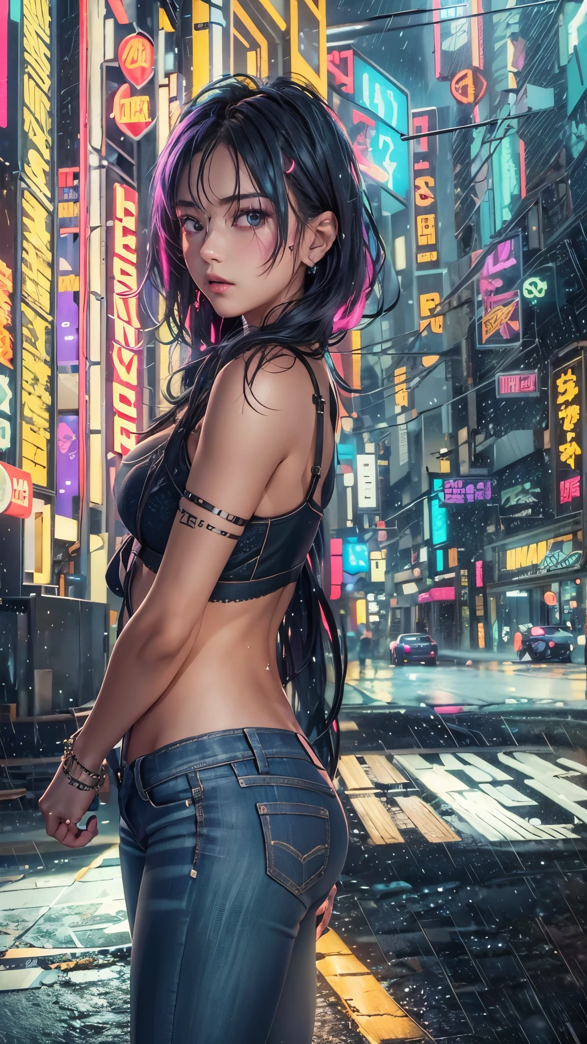 ((cyberpunk super skinny girl) dark alley, night, neon , watching the horizon, wearing jeans and bra, raining, night)):1.9、Perfect Ray Tracing、Highly detailed background,realistic,ultra-detailed, super detailed skin ,Light Shine,filmic grain,According to II,Lens reflection,sharpen,Cinematic shadow, panoramic image, cyberpunk skinny girl, night, neon lights