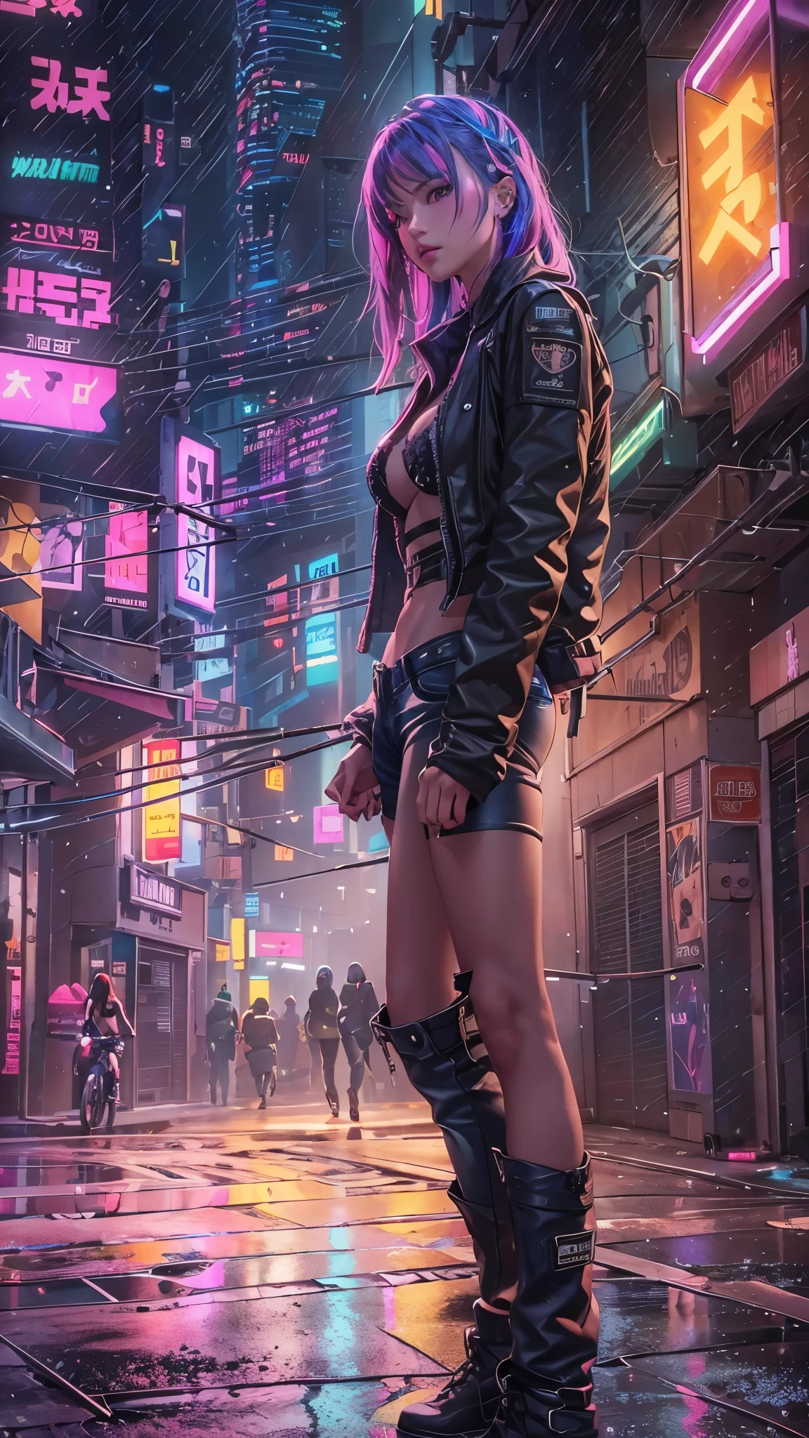 ((cyberpunk super skinny girl) dark alley, night, neon , watching the horizon, wearing jeans and bra, raining, night)):1.9、Perfect Ray Tracing、Highly detailed background,realistic,ultra-detailed, super detailed skin ,Light Shine,filmic grain,According to II,Lens reflection,sharpen,Cinematic shadow, panoramic image, cyberpunk skinny girl, night, neon lights