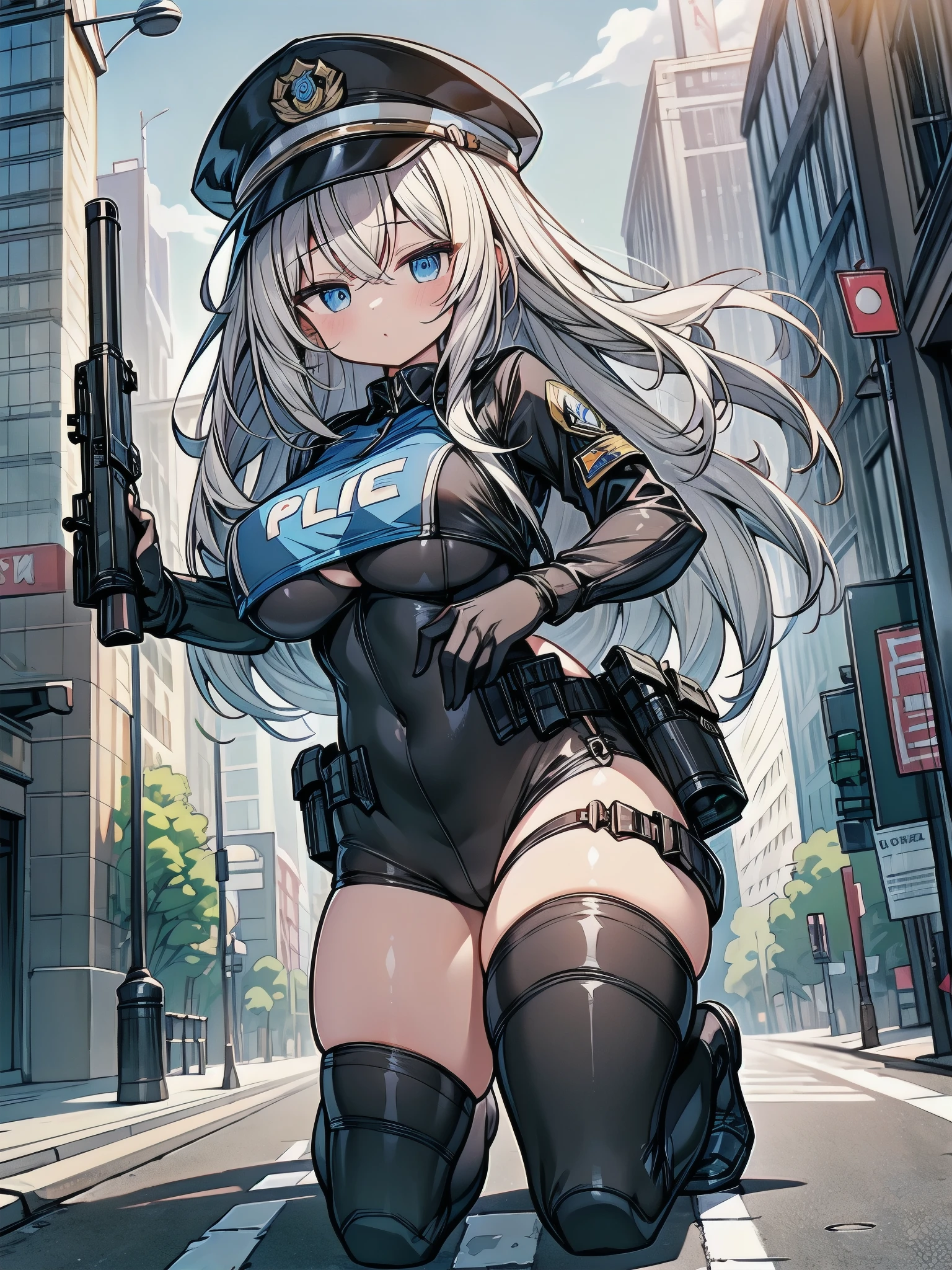 One person、 long hair ,Alluring,,(police suit).(big sagging boobs:1.1), hypo、Wear one knee,Shoot a gun、street.NSFW,