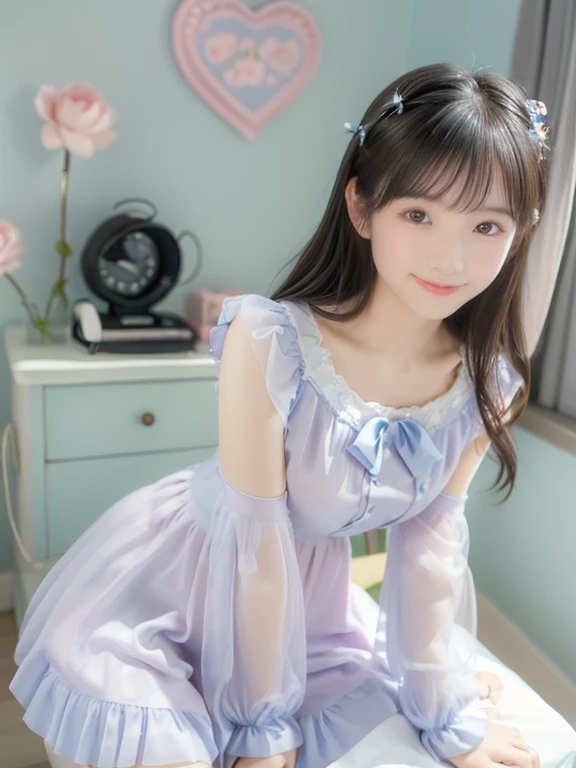 photoRealstic、Doll standing in front of the painting（nendroid）、A smile、Water droplets on the cheeks、pretty pose、watercolor Nendoroid、(High Definition Figure)、Flowing iridescent silk、up of face、Eye Up、Colorcon with heart pattern、Floral dress、There are also flowers in front of the nendroids、flower petals、season!!: 夏天☀ 🍂