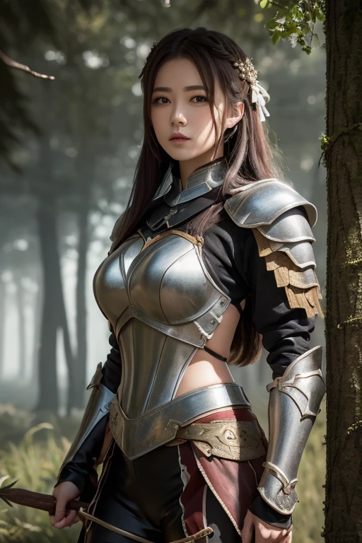 (8k, Highest quality:1.2)、masterpiece, Beautiful Knight, (Attractive Russian Model)、(((Woman warrior)))、Born in Lee:1.0),((( whole body金属の鎧を着用)))、((Perfect Face))、((Plate armor with attention to detail)), (((Strong muscular body))),(Powerful arms)、 (Gray Hair),(((Big Breasts)))、(((Big Breasts)))、((Large Breasts))、Cleavage、 Braiding、Disheveled Hair、feet, (High fantasy battlefield environment), (((Holding a long sword))), (Knight's Sword)、 High resolution, (Skin Texture:1.1), Highest quality, 超High resolution, (Realistic: 1.4), RAW Photos, Nikon D850 film stock photos, 1 1 1.6 Lenses, Rich colors, Bokeh, Sharp focus, Realistic, Cinestill 800, Backlight, Rim Light, Strong sunlight, Realistic, Realistic Shadow, 3d, (Forest Background:1.2),Hair blowing in the wind、whole body、 (Ancient fantasy soldiers),(Ancient soldier armor),Combat Accessories,breastplate、Voluminous lips、((Perfect Face))、Big eyes、Delicate eyes、Armor that fits snugly to the body、((Looking into the camera))、belt、Armor with intricate patterns、Upper Body、knight armor、White Armor、Delicate hands、