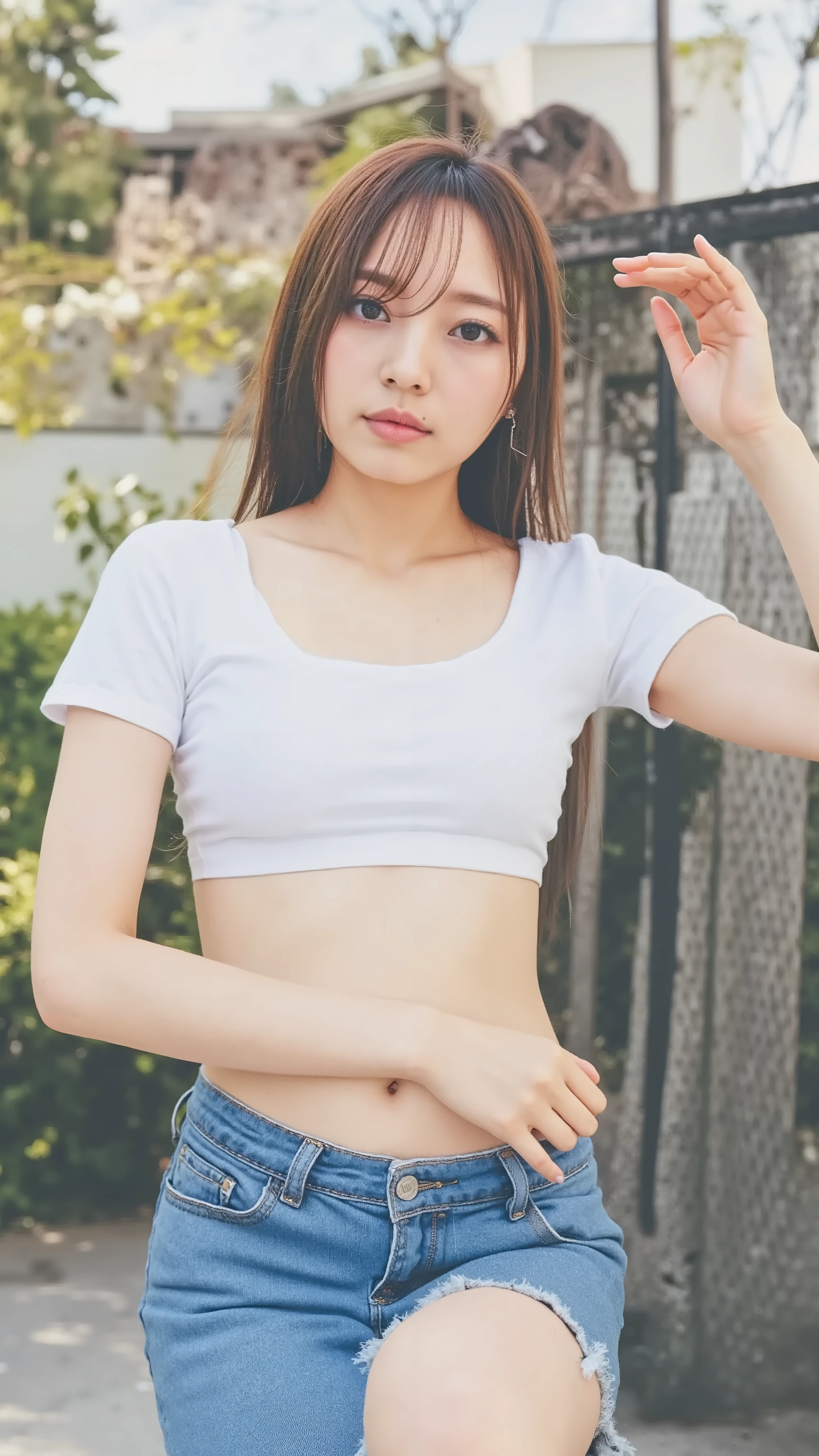 A girl, kneeling on the playground after school, ((full body visible)), far away from viewer.
She is a beautiful, pretty, adorable, cute, young, teen.
She is slim, slender, petite, skinny, (flat chest), (tiny boobs), (small breasts).
She is sweating, wet, soaked. Clothes transparent, sweat on skin, wet hair.
She is grinning, smiling. She looks natural, relaxed, unpretentious.
Trickery face. Making funny faces. (Tongue sticking out), telling a secret, hiding a secret, shy, excited.
She stares, looking at viewer.
She has a black ponytail.
She wears school uniform, a rolled-up white shirt with blue collar, a colored Corduroy sport bra under shirt, blue shorts, wearing two layers.
shirtlift, . (((She lifts up her shirt, showing off her sports bra underneath))).
Camera focused on her face, light on face, very large aperture, ((f/1.2)), shallow depth-of-field, strong background lens blur, ISO 3000, auto white balance,
Extremely detailed, professional lighting, soft light, raw photo, fashion model for uniqlo,
best quality, masterpiece, award-winning photography, huge filesize, 8k, highres,
shot on Sony DSLR.
