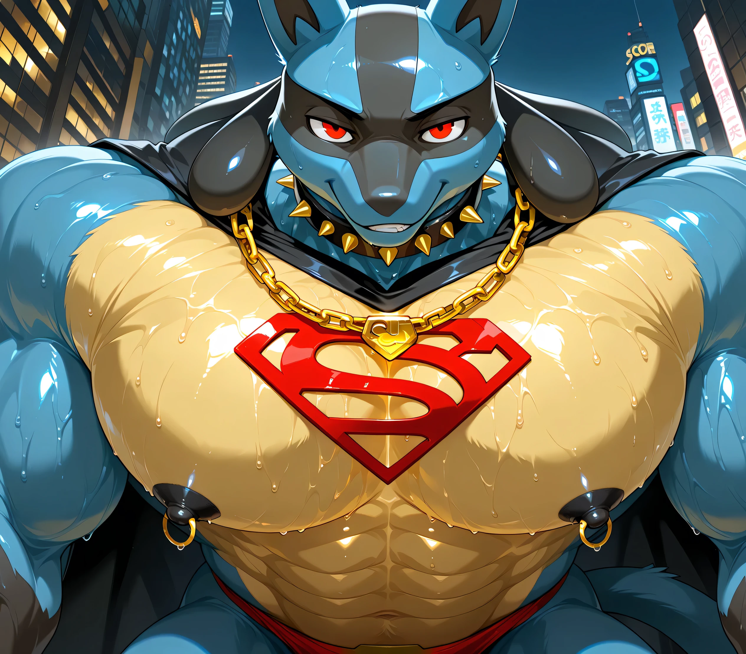 kemono, by null-ghost, by zixiong, solo, male, tail, Lucario, anthro, black nipples, big nipples, gold nipple rings, sweaty, handsome, broad shoulders, broad chest, huge muscular, posing, thick neck, thick arms, pectorals crushing city, bedroom eyes, looking at viewer, smirk, macro, city, buildings, wearing gold chains around neck, wearing a spiked collar on his neck, wearing superman outfit, superman symbol on center of chest, black cape, detailed background, sweaty, high view, low view, close shot of chest and face, body fills frame, BREAK score_9_up,score_8_up,score_7_up,score_6_up,score_5_up,score_4_up