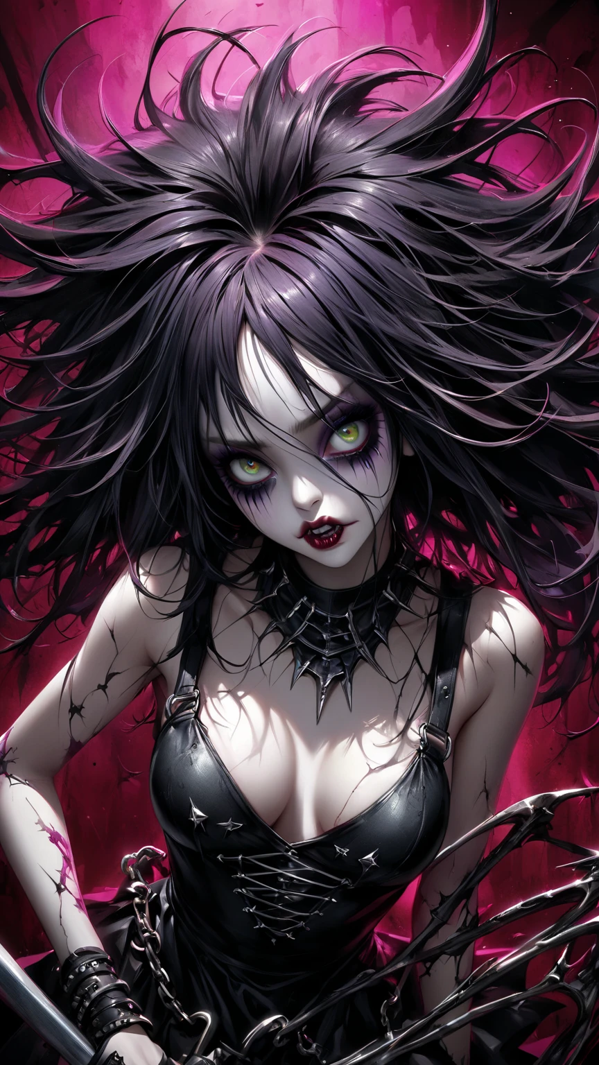 ((top quality, 8 thousand, masterpiece:1.3)), young oriental woman, Devil worship,satanism, dark background, pentagram, goth fashion, goth makeup, goth, Black color 립스틱, 입술은 Black color, black lips, dark eye shadow(Black color), 벽면에 pentagram 표시, lots of candles, (huge tits : 1.5), satan temple, black lipstic, goofy style, stanism, unpleasant, Crazy Woman, (madness smile), scary laugh, full of madness