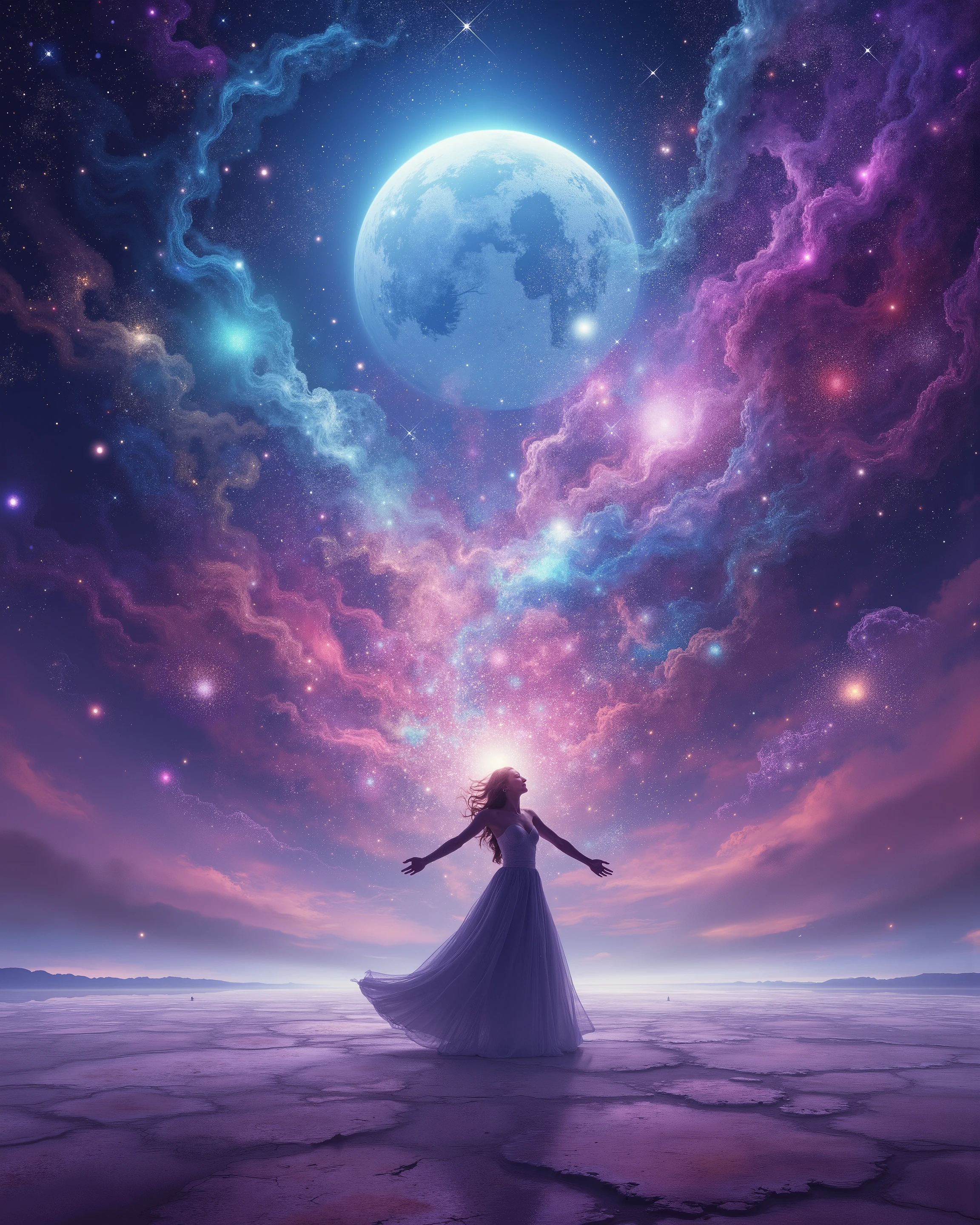 Brilliant stars in space 、 Hi-Res, Masterpiece, (Awakening), (A woman who receives energy:1.2)、Beautiful colors、Japan、、 Uyuni Salt Lake、 Long Skirt 、look up, throw, Big Moon、