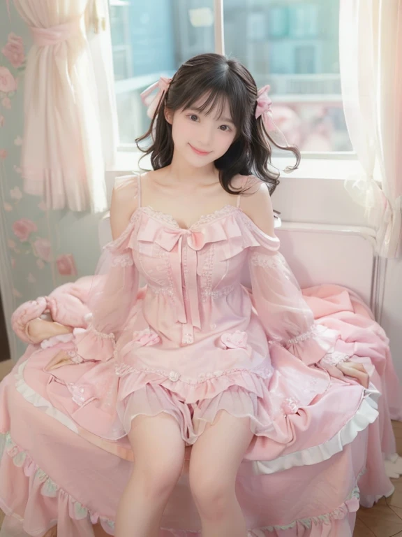masterpiece)), ((best quality)), (ultra-detailed), ((kawaii)), cute, (lovely), ((extremely detailed)), 4K, (8K), best quality, (beautiful), on bed , a cute girl, solo, wearing Frilly babydoll and matching shorts