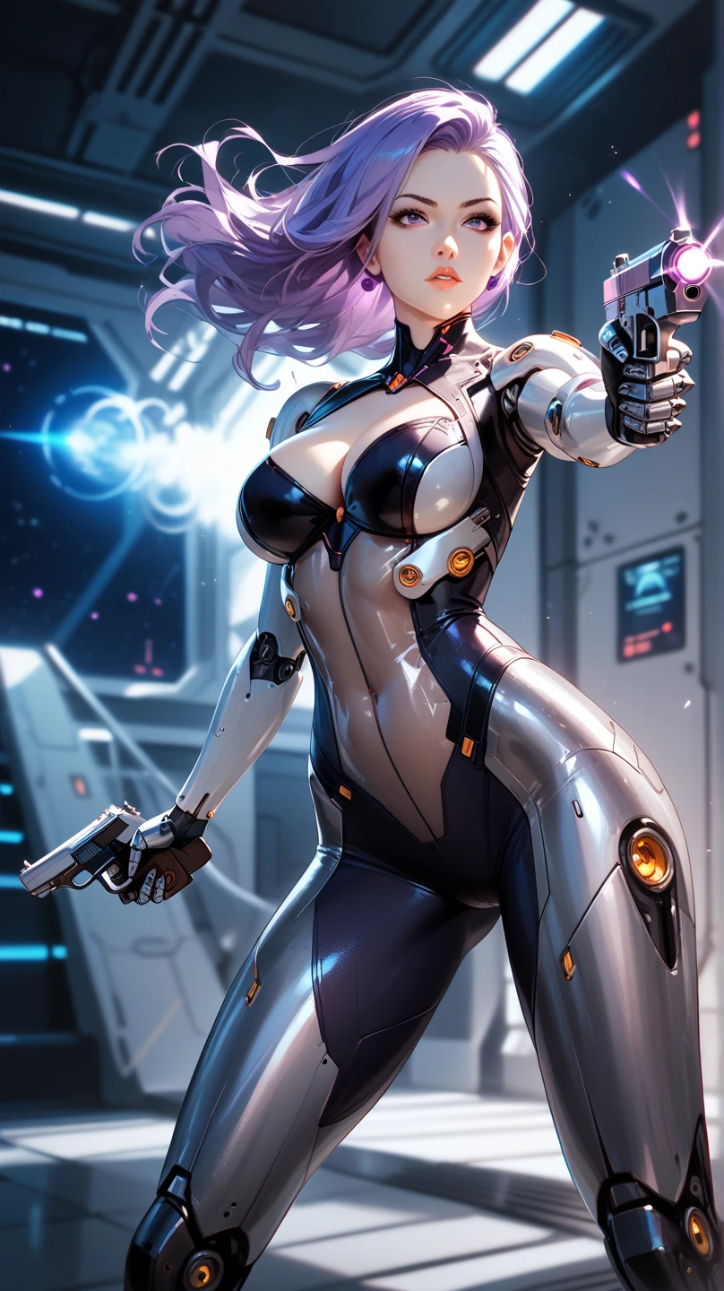 (((Devilish smile))), (((Lilac Suit))), (((Grey hair bob haircut))), (((Metallic Arms))), (((muscle))), (((Colossus))), (((X-Man))), (((Better Quality: 1.4))), (((Full))), (((Dune Walker))), (((Post-apocalyptic))), (An unbeatable masterpiece), (Hyper HD),(CG 8k Ultra-realistic), 1 Armed in the future world、Girl in colorful modern clothes. Ultra modern haircut, Perfect body with robotic parts, Big breasted, Perfect Ass, muscle without exaggeration, A beautiful face with clear blue eyes, Add texture to your clothes、Let's make something different, Add accessories like garter belts, Striped corset and gloves, Tanned, wet and radiant skin, Industrial environment with huge heavy machinery, Complex machinery and giant robot parts