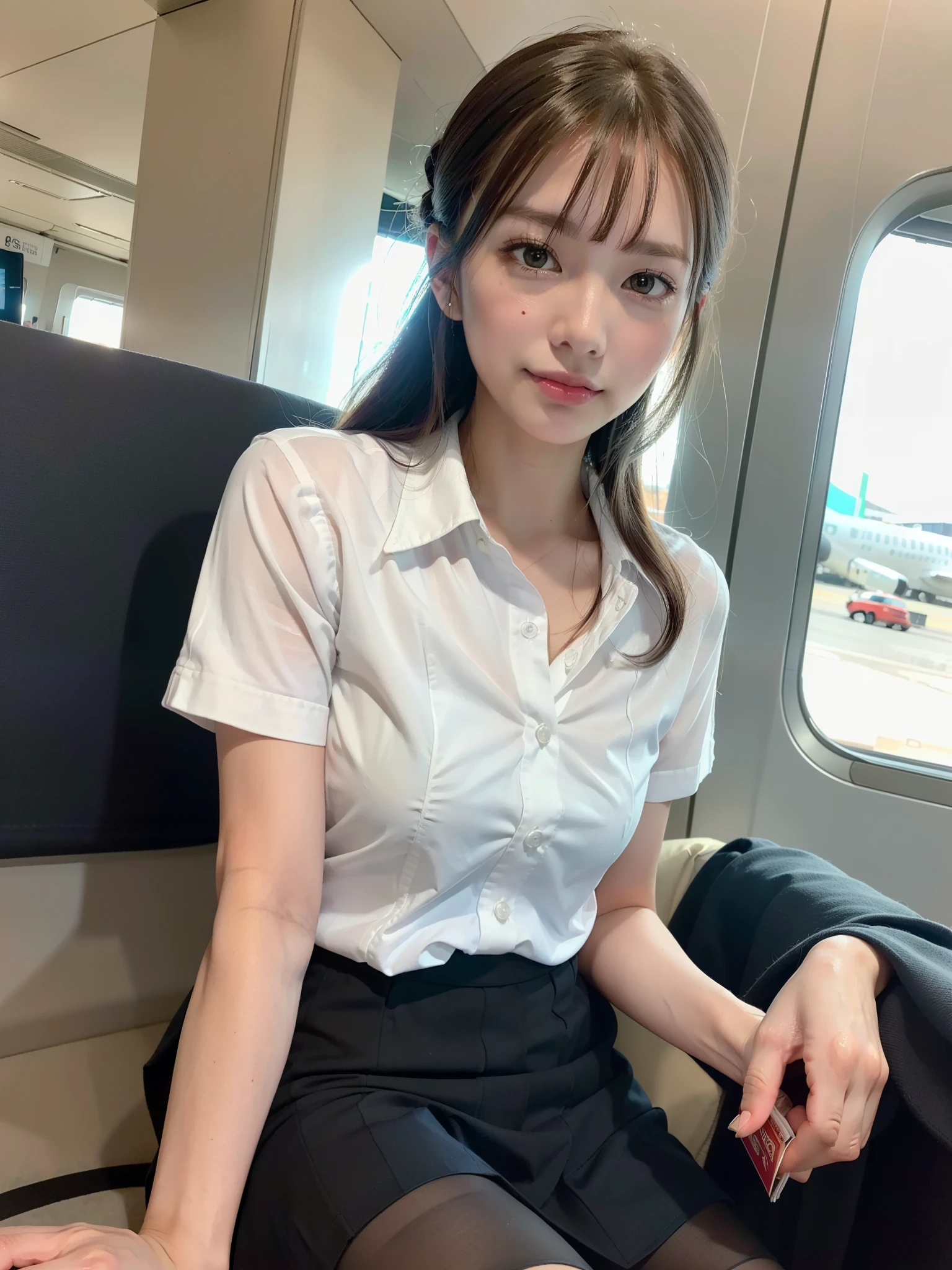 ((Best of the highest quality, 8k, Masterpiece: 1.3, raw photo)), Sharp focus: 1.2, (1 AESPA girl: 1.1), (Solo: 1.18), (realistic, photo-realistic:1.37), face focus, cute face, finely eyes, (Small breasts, flat chest, Thigh: 1.3), (nude: 1.3), short messy hair, updo, Beautiful flight attendant in the seat of the plane, Meticulous beautiful flight attendant outfit，