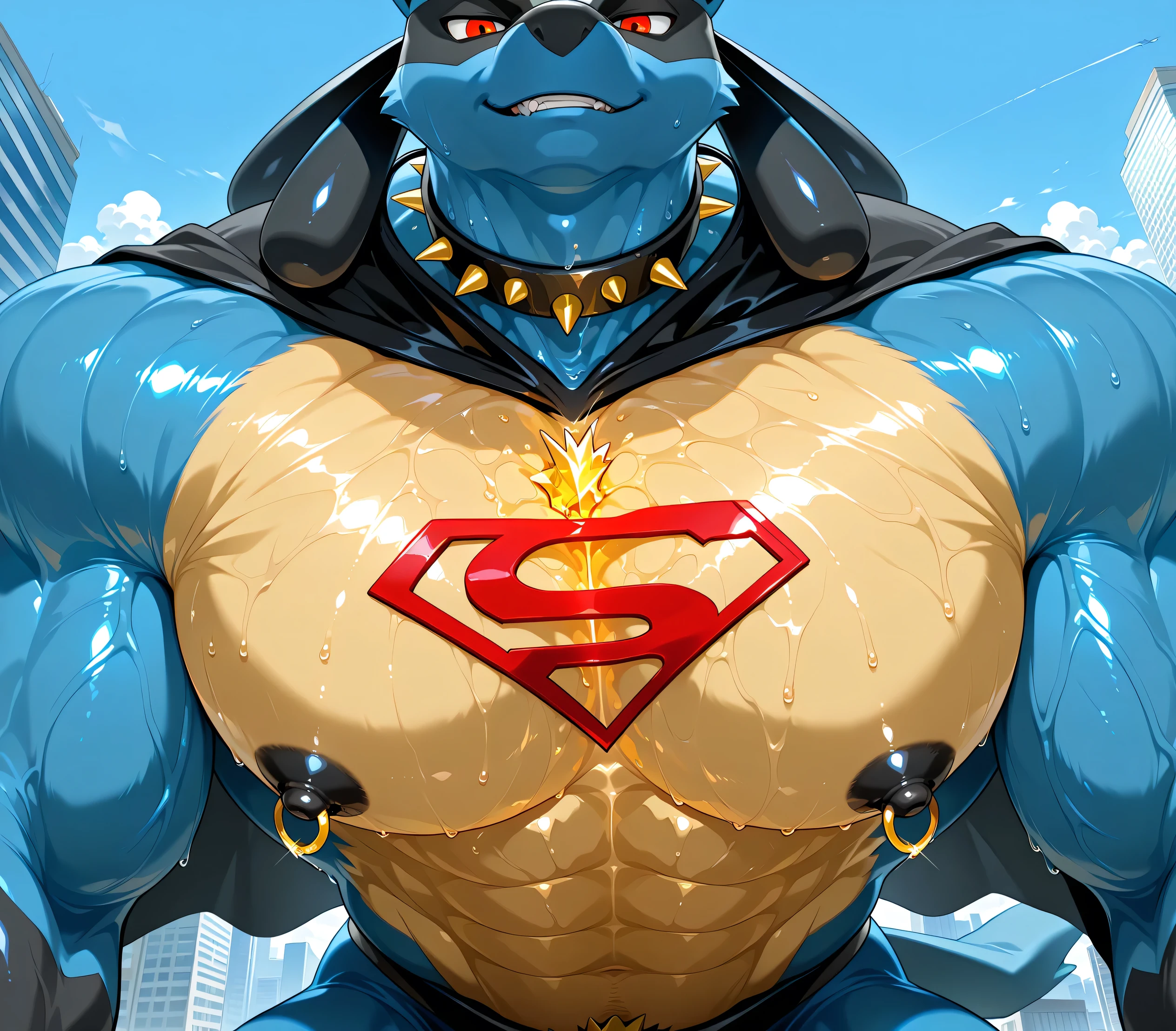kemono, by null-ghost, by zixiong, solo, male, tail, Lucario, anthro, black nipples, big nipples, gold nipple rings, sweaty, handsome, broad shoulders, broad chest, huge muscular, posing, thick neck, thick arms, blue arms, pectorals crushing city, bedroom eyes, looking at viewer, smirk, macro, city, buildings, wearing gold chains around neck, wearing a spiked collar on his neck, wearing superman outfit, superman symbol on center of chest, black cape, detailed background, sweaty, high view, low view, close shot of chest and face, body fills frame, BREAK score_9_up,score_8_up,score_7_up,score_6_up,score_5_up,score_4_up