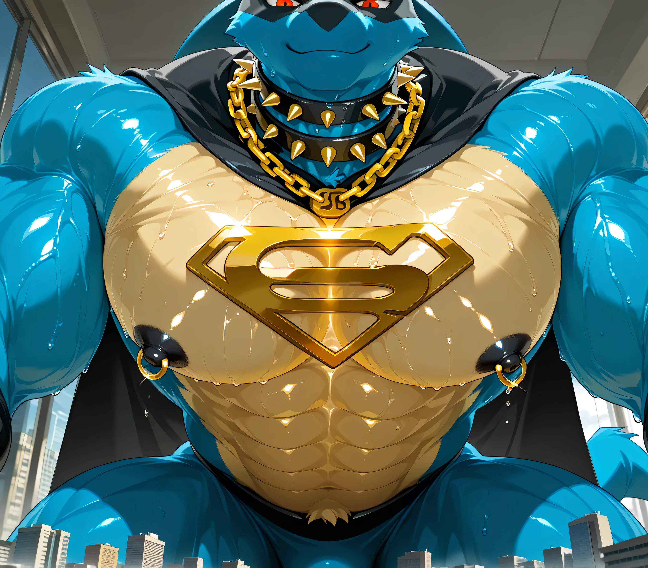 kemono, by null-ghost, by zixiong, solo, male, tail, Lucario, anthro, black nipples, big nipples, gold nipple rings, sweaty, handsome, broad shoulders, broad chest, huge muscular, posing, thick neck, thick arms, blue arms, pectorals crushing city, bedroom eyes, looking at viewer, smirk, macro, city, buildings, wearing gold chains around neck, wearing a spiked collar on his neck, wearing superman outfit, superman symbol on center of chest, black cape, detailed background, sweaty, high view, low view, close shot of chest and face, body fills frame, BREAK score_9_up,score_8_up,score_7_up,score_6_up,score_5_up,score_4_up
