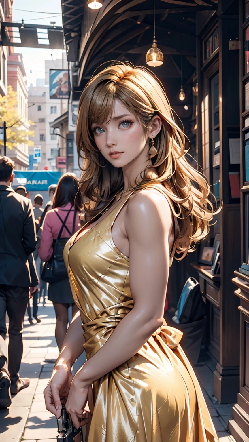24 year old Caucasian female、Blonde、Straight Hair、Semi-long hair、Sexy proportions、Sexy Costumes、Sparkling light particles dance across the screen、Sexy、European old town background