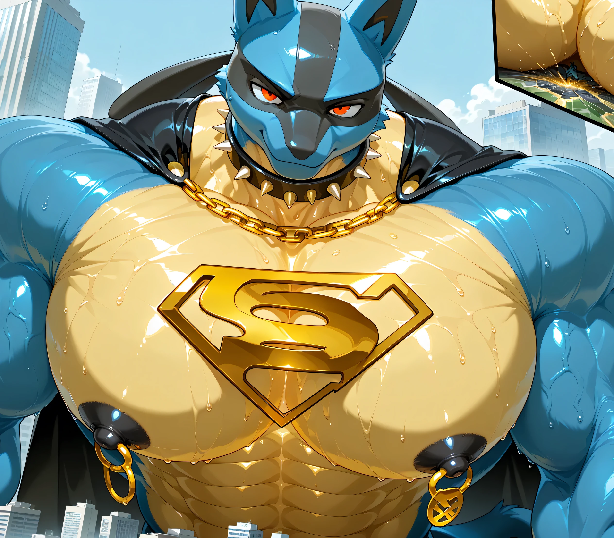 kemono, by null-ghost, by zixiong, solo, male, tail, Lucario, anthro, black nipples, big nipples, gold nipple rings, sweaty, handsome, broad shoulders, broad chest, huge muscular, posing, thick neck, thick arms, blue arms, pectorals crushing city, bedroom eyes, looking at viewer, smirk, macro, city, buildings, wearing gold chains around neck, wearing a spiked collar on his neck, wearing superman outfit, superman symbol on center of chest, black cape, detailed background, sweaty, high view, low view, close shot of chest and face, body fills frame, BREAK score_9_up,score_8_up,score_7_up,score_6_up,score_5_up,score_4_up