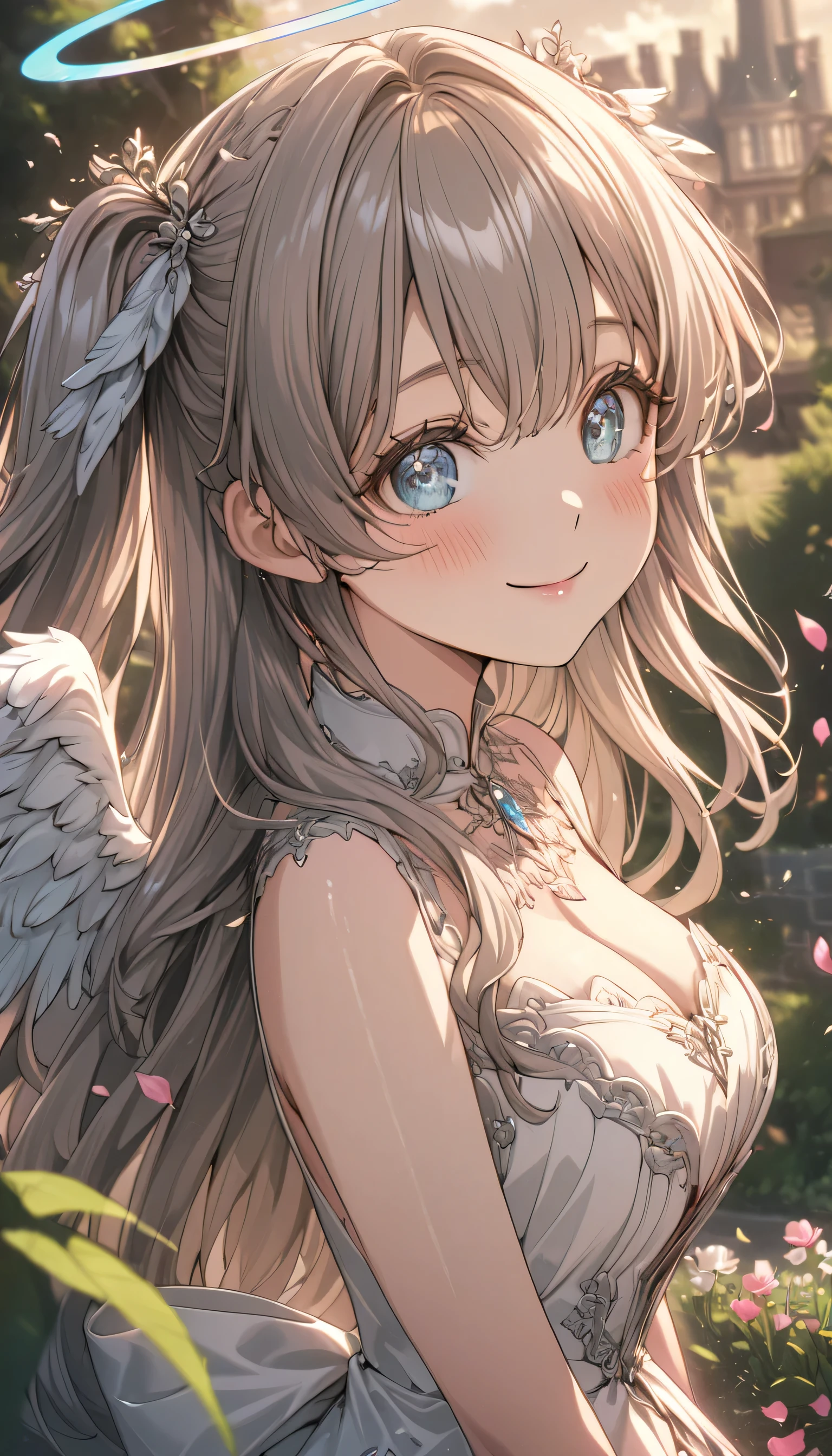 ((ultra-detailed)), (highly detailed CG illustration), (best quality:1.2), ultra-highly detailed, colorful composition, artistic photoshoot, 1girl, solo focus, ((upper body:1.4)), moe anime character, girl, dainty facial structure, (bab(round face), ((rounded chin:1.2)), ((ideal ratio body proportions)), celia-default, celia claire, (blue eyes), sparkle eyes, bronze hair color, two side up, ((hair ribbon with white), ((white semi formal dress)), ((angel wings)), ((halo)), (happy), (joyful), ample breasts, best quality, masterpiece, beautiful after light, petals glowing and fluttering, standing by the victorian garden with flowers, beautiful detailed sky, dynamic pose, best quality, masterpiece, from front, expecting, pink cheek, blush, light pink gloss slip, portrait, depth of field, soft lighting, sidelighting, (shine), lighting, caustics, ray tracing, smile, perfect face, lustrous skin, highly detailed face, highly detailed eyes, perfect face, perfect nose, perfect hair, perfect eyes, perfect anatomy, beautiful hair, beautiful small face, extremely detailed face, beautiful detailed eyes, beautiful clavicle, beautiful body, beautiful huge breasts, leavage, breasts squeezed together, equalize the size of the left and right breasts, beautiful fingers, ((4 fingers)), 1 thumb, lovely, (very detailed background:1.0), (highly detailed background:1.0), spring aesthetic, intricate details, solemn atmosphere, spring colors palette, chromatic aberration