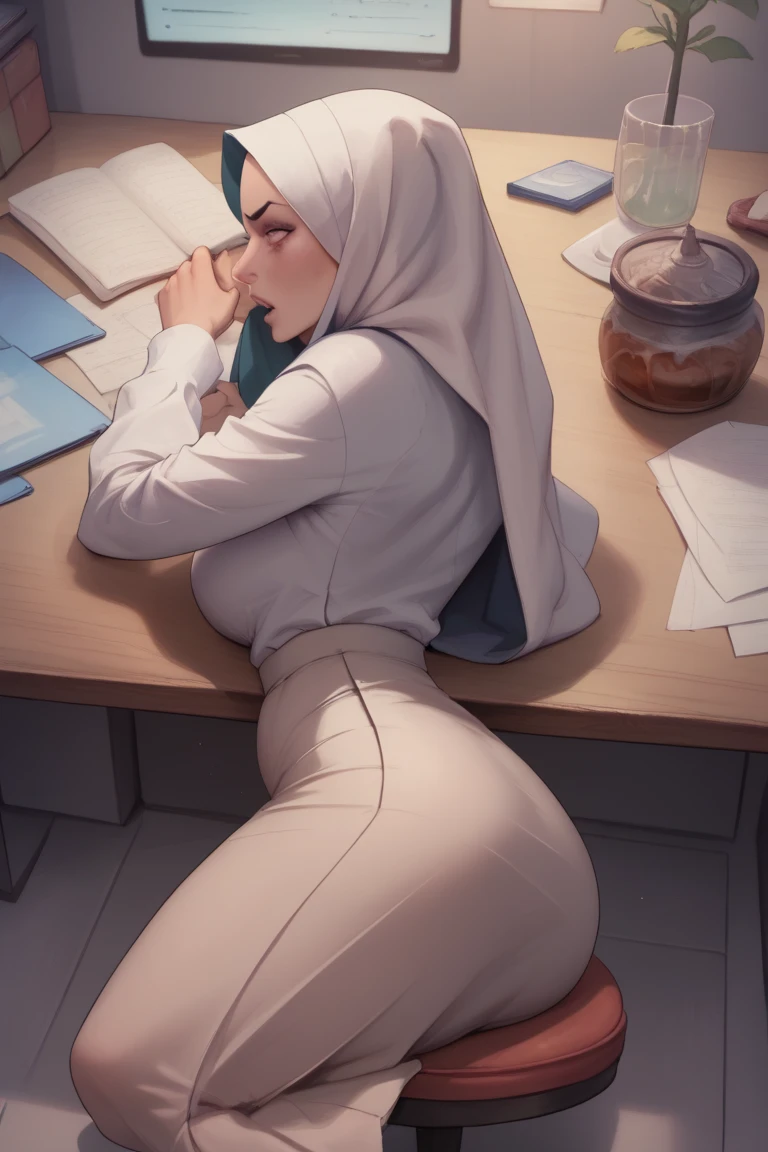 Nude  teenage malay woman with hijab,arousal expression,grinning,office background,showing butt,hands on butt,exposed butthole,a man fingering her butthole from behind,bending over