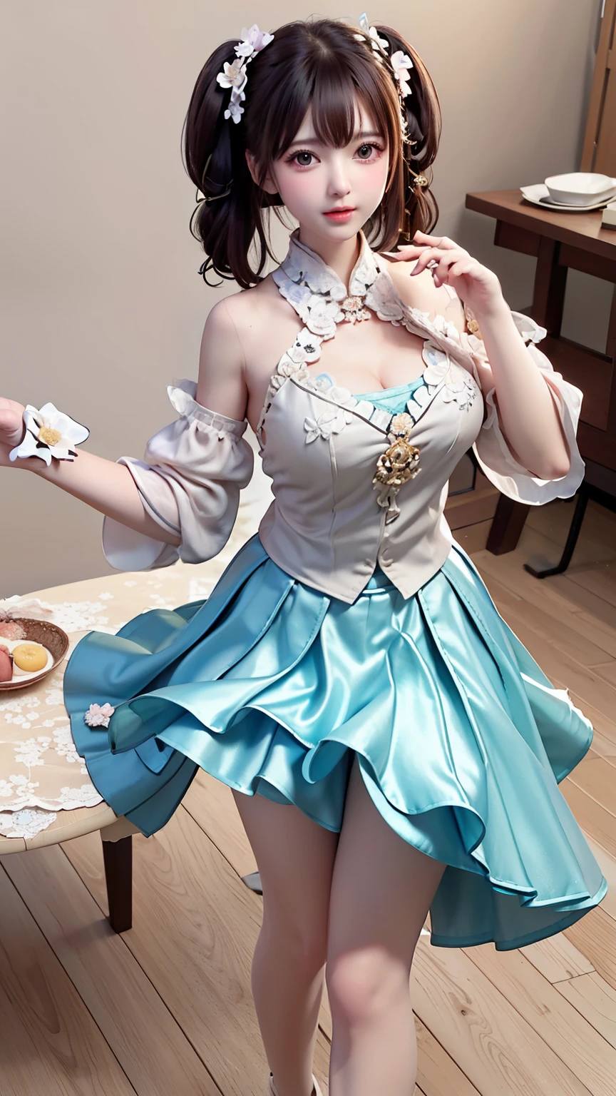 Model wearing belted mini skirt close-up, White and teal clothing, Layered clothing, Ruffled Clothing, Clear clothing design, Moon Themed Clothing, Sea green and white clothes, dress, 洛可可式荷叶边dress, dressed in a frilly (, Realistic clothing, Detailed clothes texture, Attention to detail, Detailed clothes