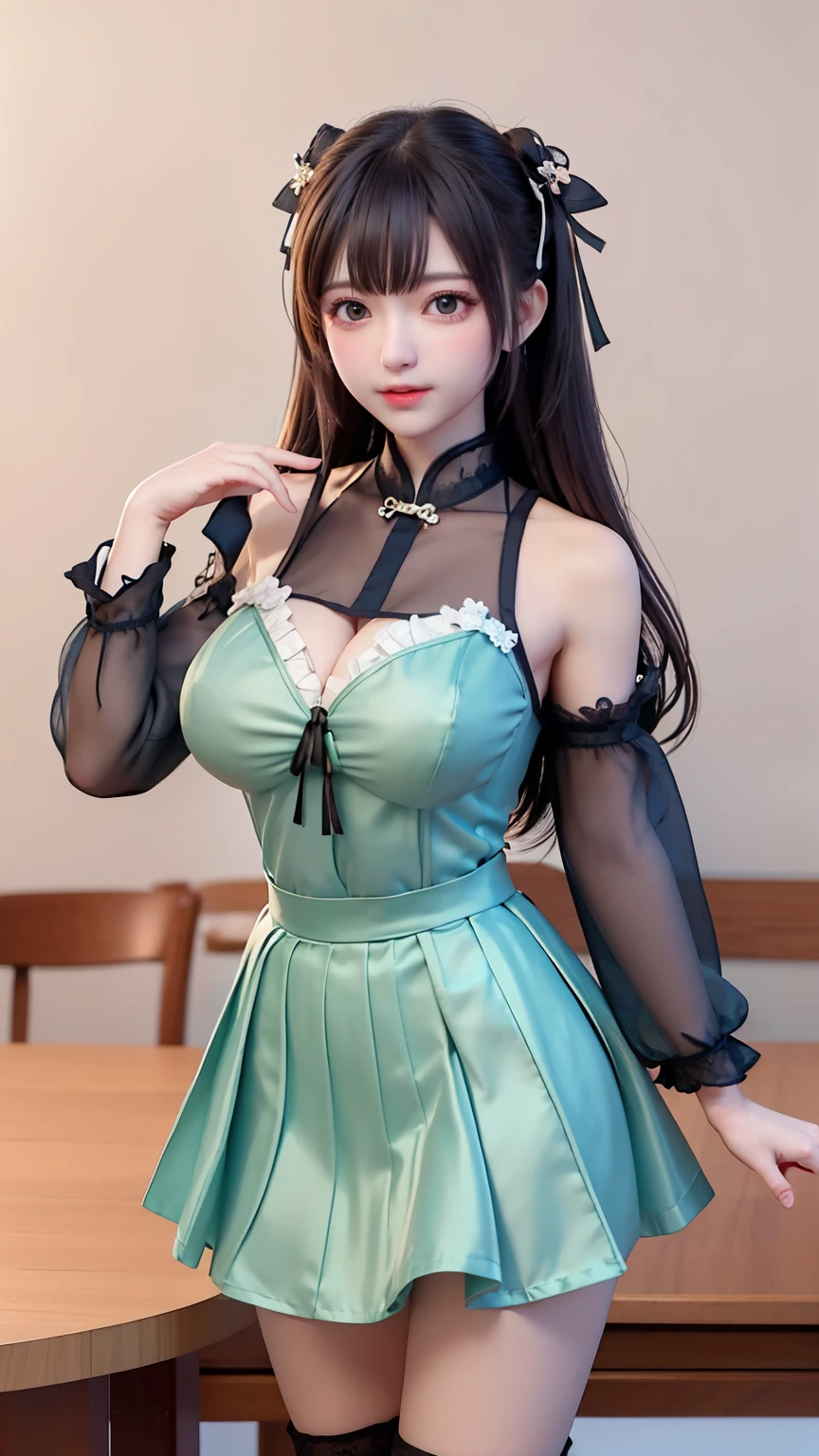 woman((30year old)), hair((golden brown, wavy)), eyes((green, small eyes)), ((frilly dress, long sleeves, floral, green)), accessories ((hairpin)), gigantic breast, big boobs, classic house, korean make-up look, smiling expression, curvy body, red lips,