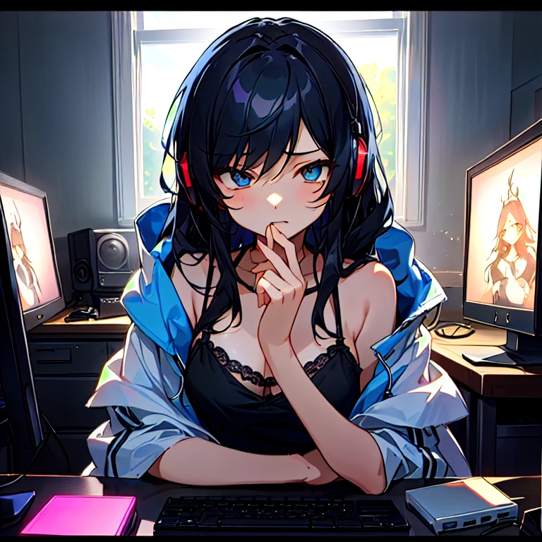 (best quality,4k,8k,highres,masterpiece:1.2),ultra-detailed,(realistic,photorealistic,photo-realistic:1.37),HDR,UHD,studio lighting,ultra-fine painting,sharp focus,physically-based rendering,extreme detail description,professional,vivid colors,bokeh,portraits,anime,photography,pink tones,warm lighting 1girl, solo, detailed eyes, detailed lips, extremely detailed eyes and face, long eyelashes, long dark blue hair in a ponytail with side bangs, small , in an oversized anime T-shirt, blue booty shorts, long socks, sneakers, sitting at a computer desk, headphones on head, smiling