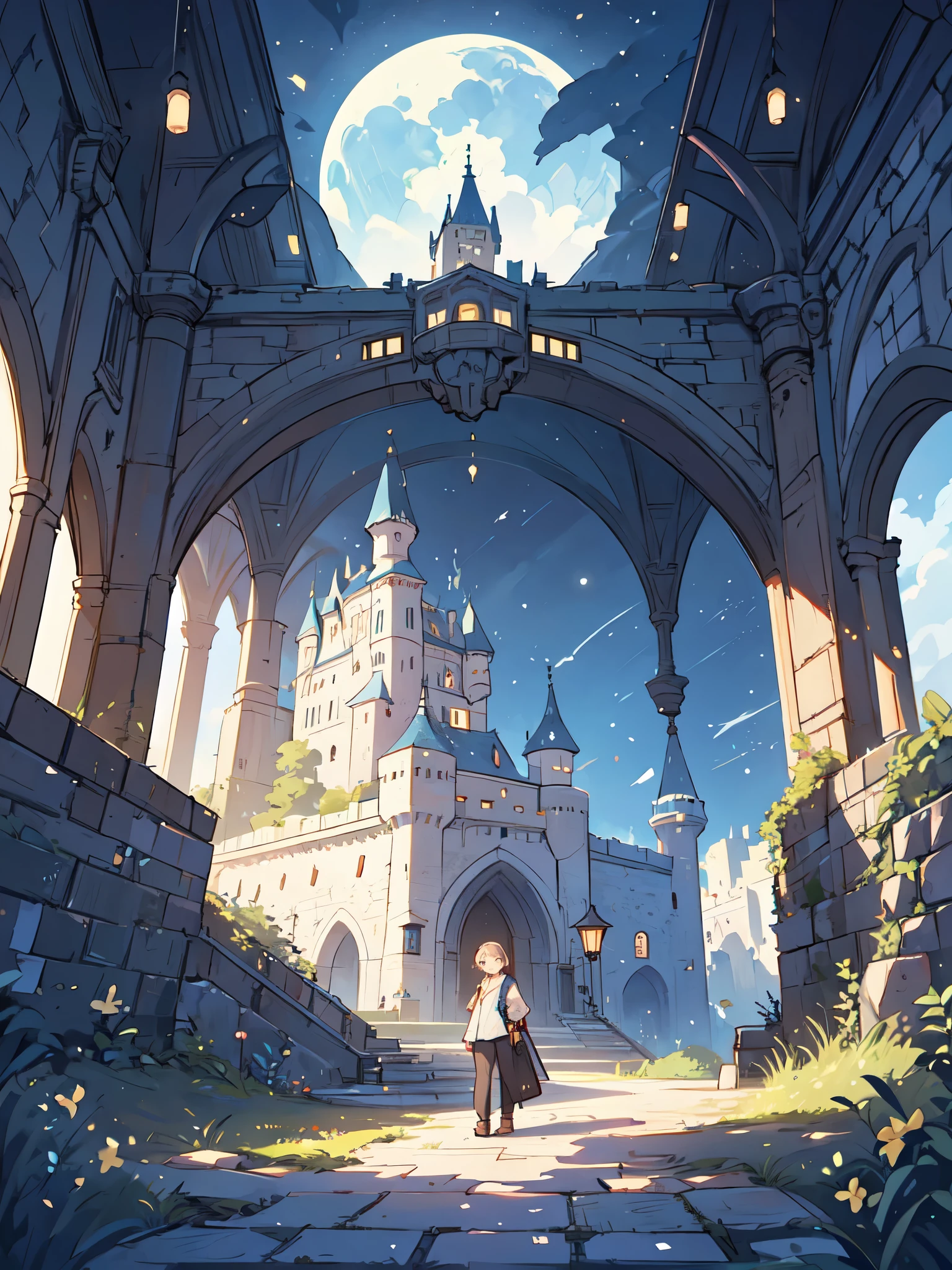 ( not human), background, Hogwarts, (Detailed castle:1.3), Ancient City, stone wall, In the room, open space, night , Moon is right , majestic atmosphere , 8K Art Photography, perfect configuration, pixiv fanboxでトレンド, Makoto Shinkai and Studio Ghibli style , , realistic anime , bright colors visible from the forehead, High precision, UHD illustrations , Pen and ink, Beautiful Details , photorealistic concept art , cinematic perfect light with soft, natural volume, only background
