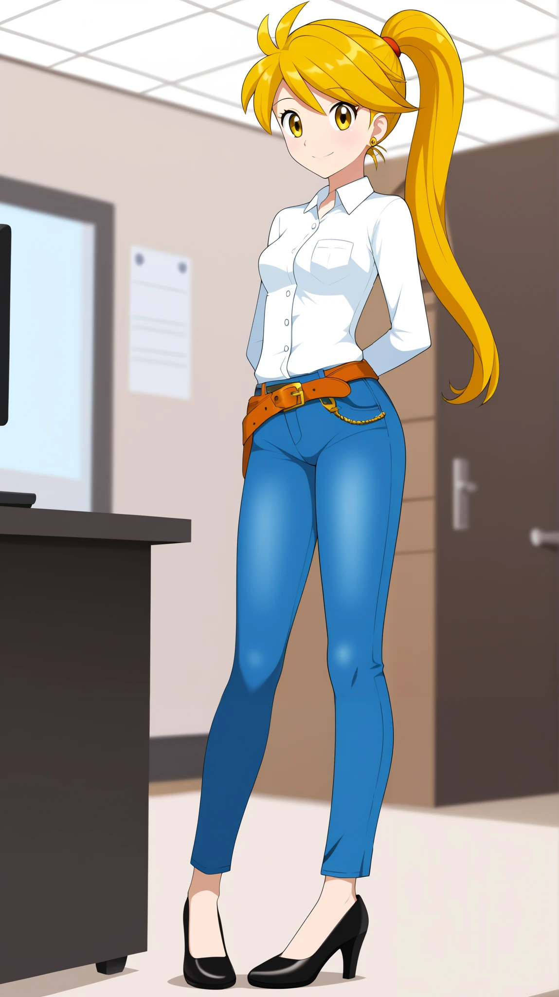 (( top quality)), (( Masterpiece)), ( Details), 1girl , Two legs, two arms, golden hair color, ponytail, long hair, yellow eyes, yellow earrings, white button shirt, Blue jeans, belt, black high heels, Height, アニメ塗り絵, Watch viewers, 1 Female, Age 17, standing, whole body, cross arms, slim figure, sexy smile, seductive smile, office, (\ Pokémon\), score_9, score_8_ excellent, score_7_ excellent, score_6_ excellent, source_Anime, cell shading , FLAT COLOR , vector,