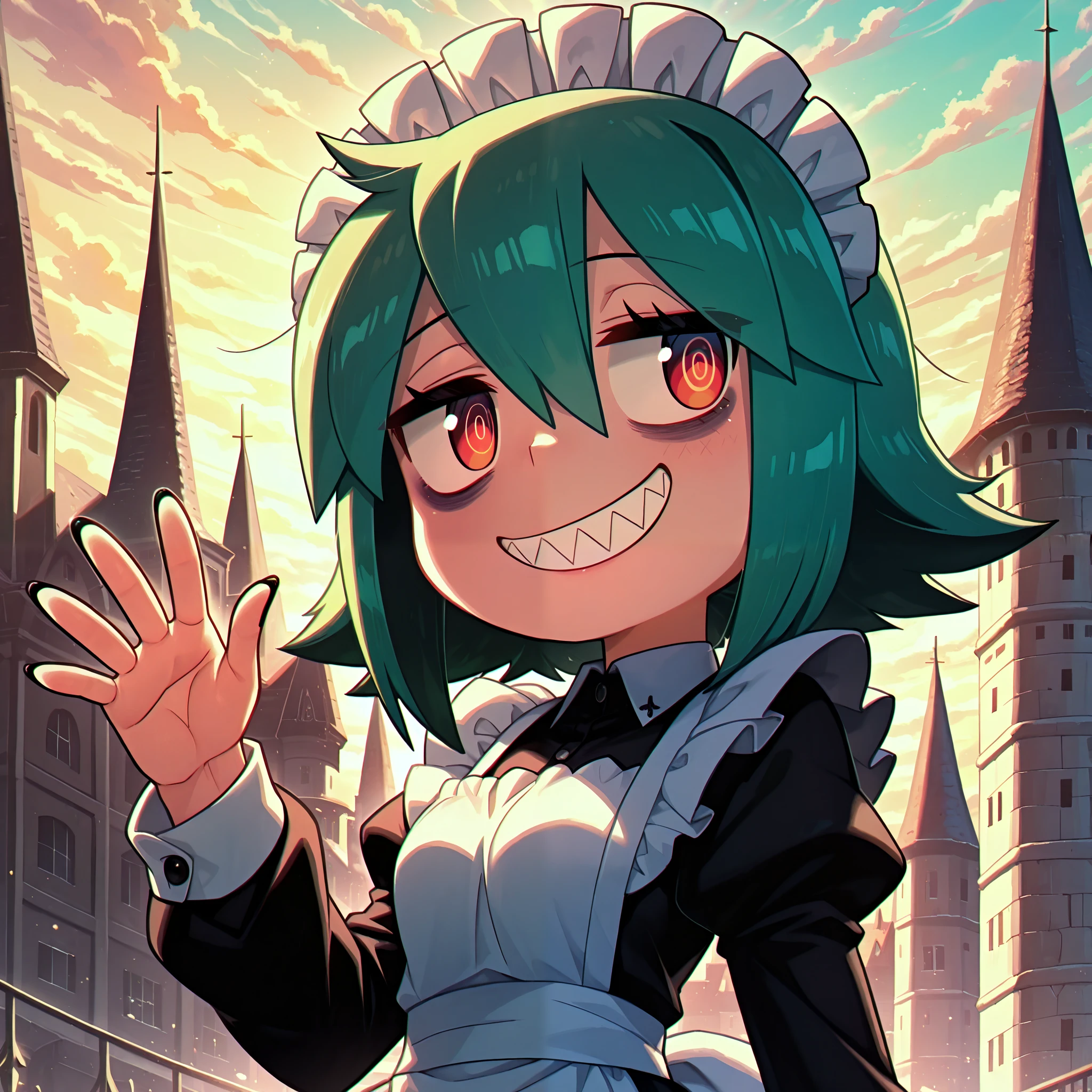 masterpiece, best quality, amazing quality, anime screencap. BREAK. 1girl, solo, smile, green hair, red eyes, sharp teeth, maid headdress, long sleeves, grin, teeth, castle, hand up, upper body, short hair, black nails, ringed eyes, wing collar, black dress, bags under eyes, nail polish, outdoors, sky, maid, dress, looking to the side
