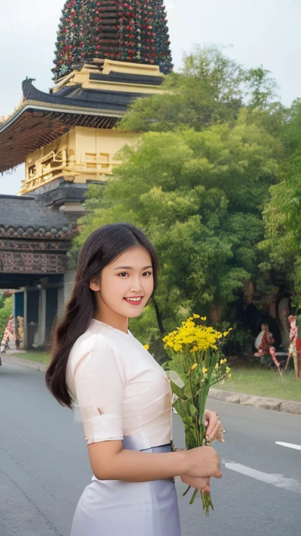 shukezouma, negative space, , shuimobysim , portrait of a woman standing , willow branches, (masterpiece, best quality:1.2), traditional chinese ink painting, modelshoot style, peaceful, (smile), looking at viewer, wearing long hanfu, hanfu, song, willow tree in background, wuchangshuo,