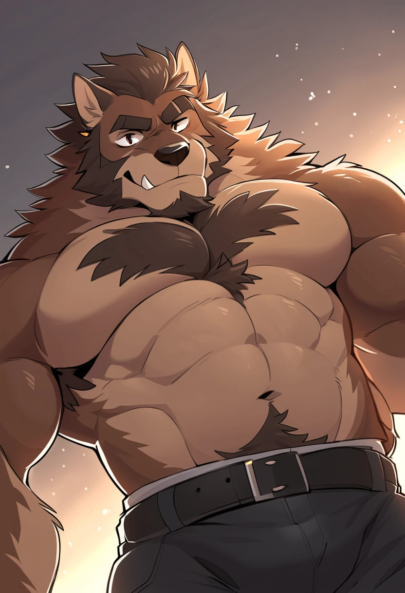 a cartoon image of a man with a big chest and a big chest, hairy chest, werewolf musculoso, thick, hairy fluff on the neck and chest, fluffy chest, hairy brown body, hairy body, muscular gigachad, hairy torso, hairy chest, angry, high morale, sexy, werewolf, partially male hairy torso, Sparse hair on chest, hairy chest and hairy body, NSFW version