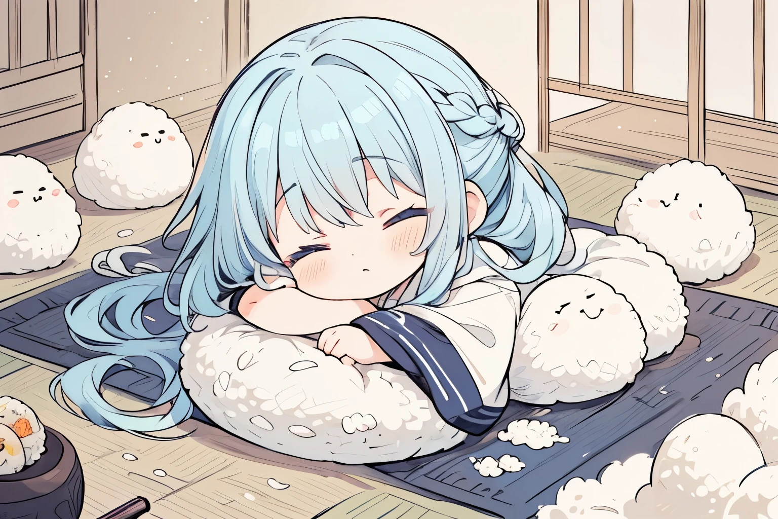(masterpiece:1.2, best quality),a girl rest and sleeping at lake side,solo,chibi character,a cute girl:0.6\(french braid hair on top,light blue hair, long hair, fluffy hair,french braid hair on top,white skin,(closed eyes),no nose,small mouth,clothes\(light blue hoodie,gray short pants,stripe light gray and white stripe knee high socks),(((she has one big 🍙\Onigiri\Japanese rice ball))),hand draw:1.5