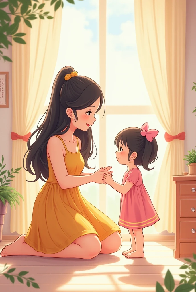 A cartoon image of a mother and her daughter communicating and talking, cartoon, cute cartoon, cute cartoon style, motherly love, cute illustration, clean anime art