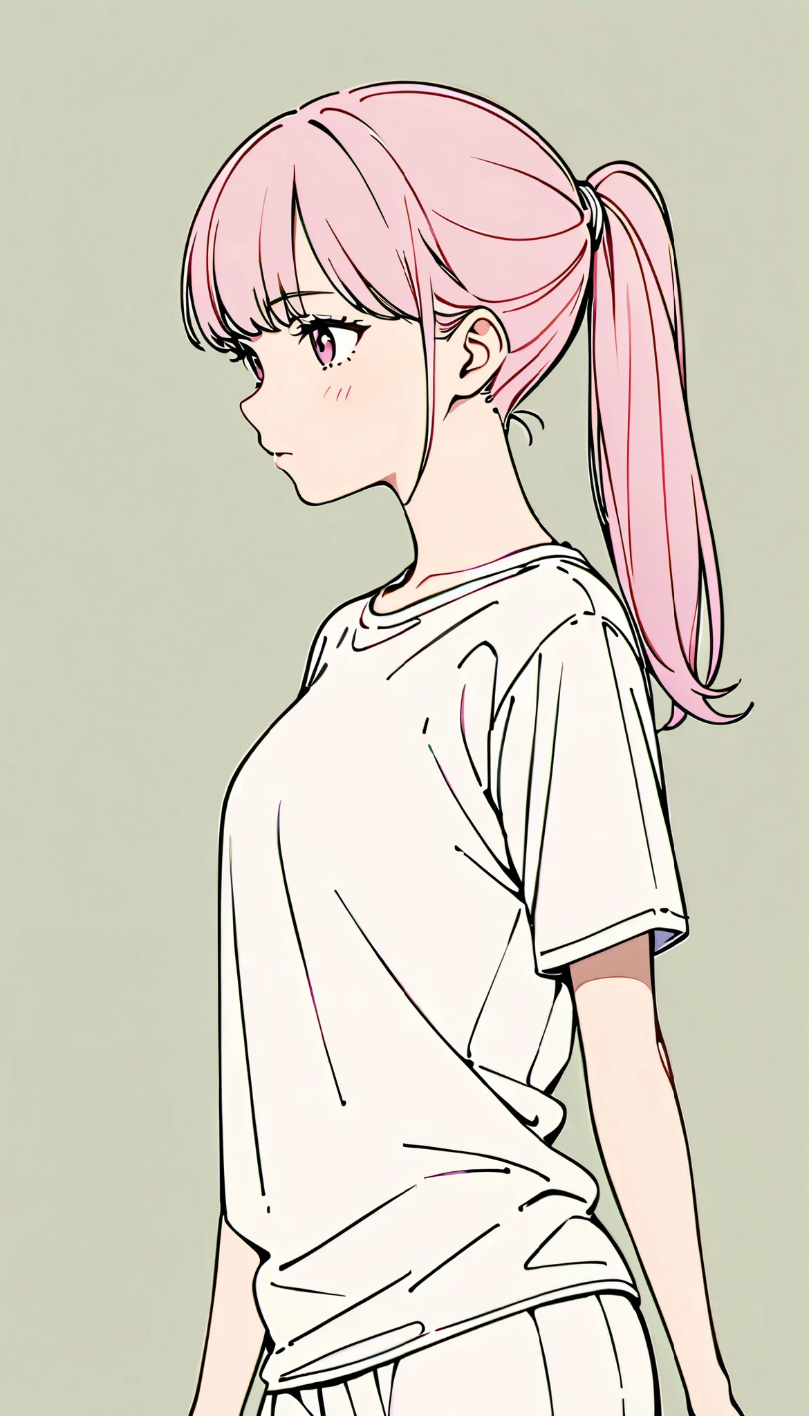 Girl with ponytail、Clothes are T-shirts、 Line Art、 Slender、 beauty