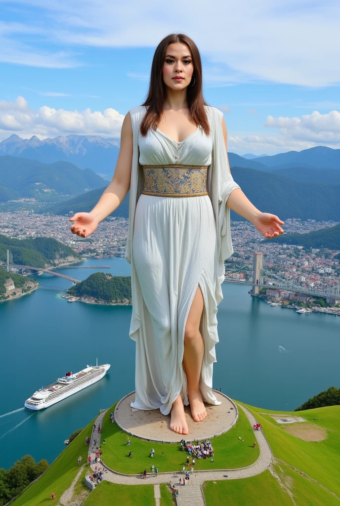 sexy lady-liberty down the street, crowded place. Sensual and alluring posture. Clear blue cloudy sky. photorealistic shot.
