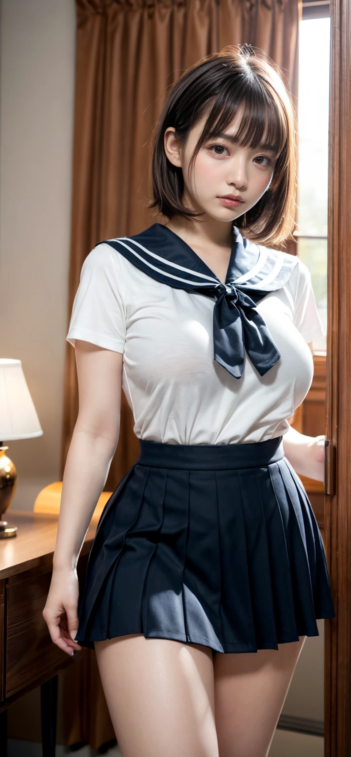 ((Beautiful images from head to toe)), ((Standing)), ((High girl)), ((High School uniform)), ((navy pleated skirt)), ((White blouse)), ((sexy lingerie)), A lot of light grains, (Fantastic scenery), born, masterpiece, Ultra-fine photography,, 最high quality, Ultra-high resolution, Realistic, Full body portrait,((Bob Cut Hair)),(Stunningly beautiful woman), ((Golden ratio of the face)), ((30 years old)), Dynamic pose, Delicate face, bornきbornきとした目,Highly detailed background, Detailed face, Detailed busy background, nice, High definition skin, Realistic skin details,8K,Digital single-lens reflex camera, high quality,Photorealism,View from below,NSFW,(最high quality, 8K, masterpiece: 1.3),Ultra-high resolution,Shot with Canon EOS R 6, One Woman,Perfect anatomy,(Perfect anatomical toes),((Big Breasts)), ((Glamorous body)), ((Lewd pose)), Dark brown hair: 1.1, Ultra detailed face, Detailed lips, Almond-shaped eyes, double eyelid,Beautiful Japanese Woman, Beautiful Japanese lady, Charm,