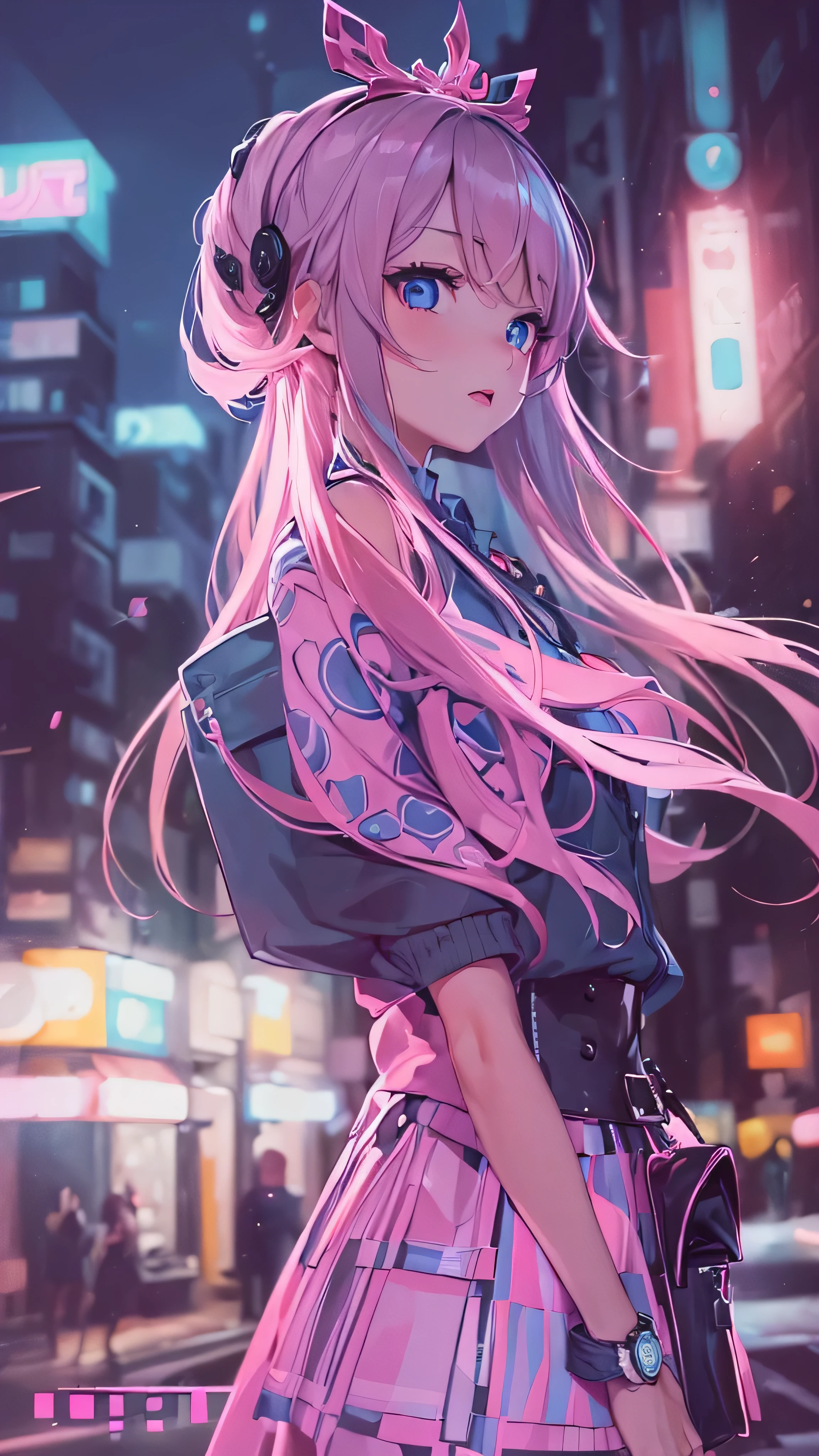 Anime girl with pink hair and blue eyes in a city - SeaArt AI