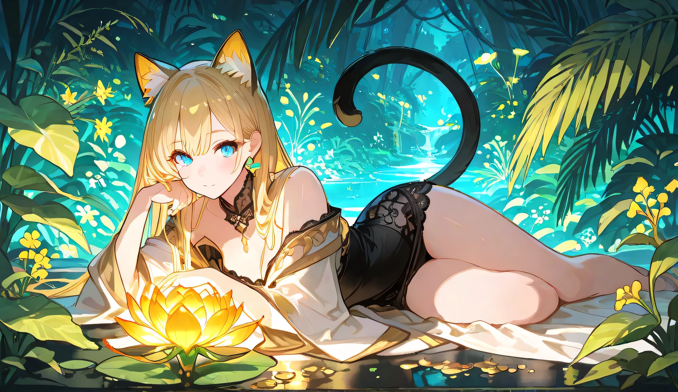 Masterpiece, Best Quality, A captivating anime-style catgirl with black, silky hair and striking blue eyes, lounging gracefully in a lush, bioluminescent jungle. She has feline ears and a playful yet mysterious expression. She is dressed in an elegant black lace outfit with delicate golden accents, featuring a flowing robe and intricate jewelry. The ambient lighting casts a mesmerizing glow on her smooth skin, highlighting her relaxed pose. The background consists of exotic glowing plants and softly illuminated flora, creating an enchanting fantasy atmosphere.