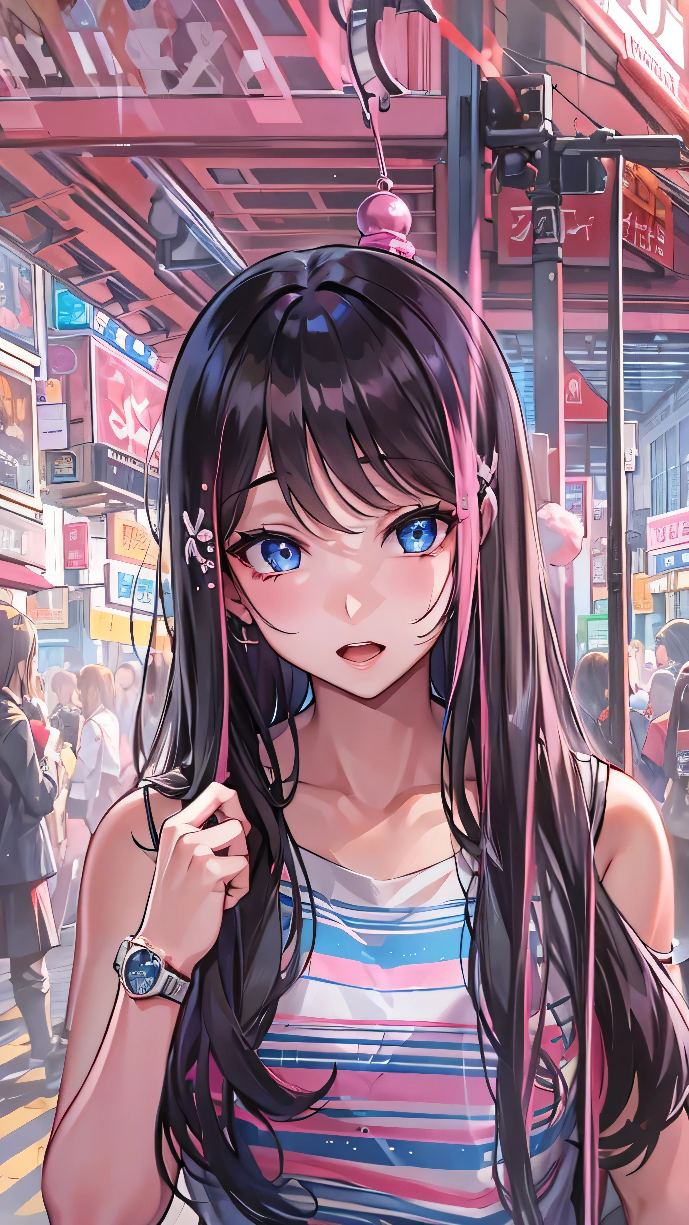 (Slightly above , portrait, Watch viewers:1.5), Illustration of , creative, masterpiece, 8k Wallpaper, are ridiculous, top quality, dynamic angle, fine eyes , dreamy , Abstract art, panorama, cinematic writing , 1peopleの女の子, charming, delicate, ( black hair, long hair, hair between eyes:1.1), ( blue eyes), ( Pink Streaks , Blue Stripes:1.2), side lock, Crown Blade, black and pink combination clothes, girls with cute faces , standing up , ( highly reflective eyes ), eyes reflecting the city , very beautiful background , bright boulevards , bustling early afternoon streets , car road , lamp post,people々Crowds of 。
