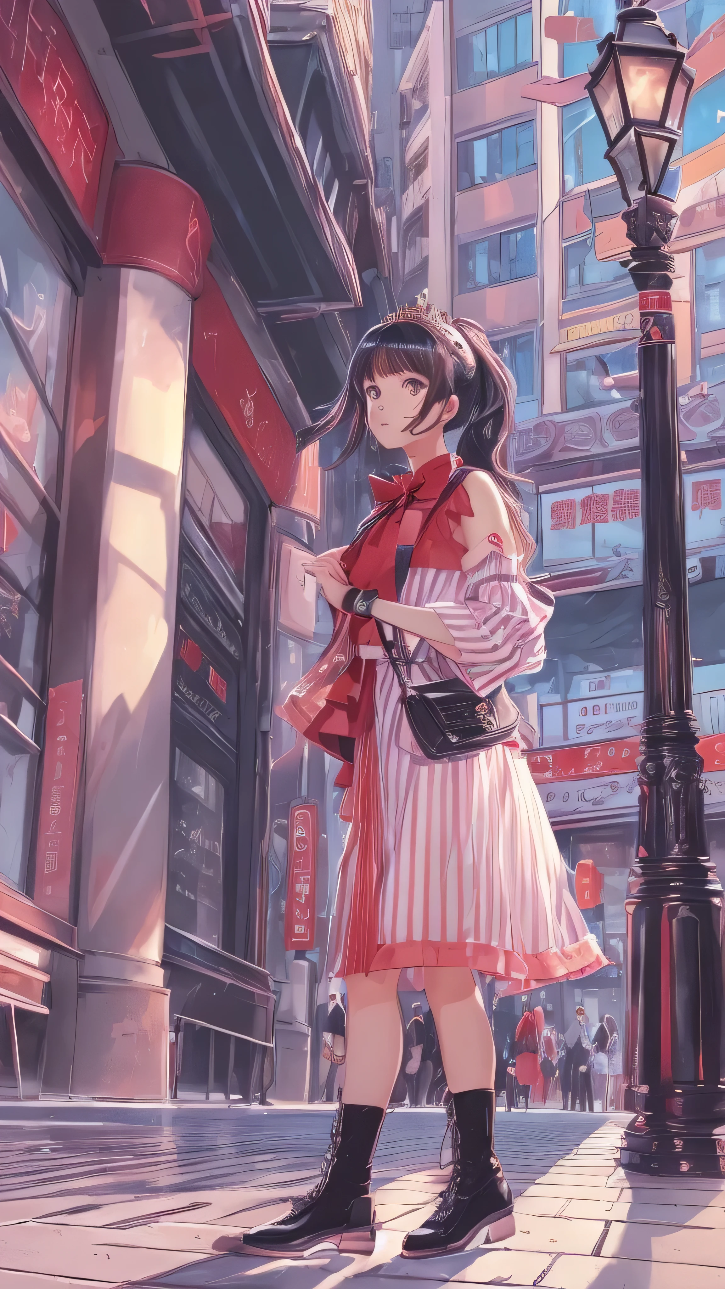 (Slightly above , portrait, Watch viewers:1.5), Illustration of , creative, masterpiece, 8k Wallpaper, are ridiculous, top quality, dynamic angle, fine eyes , dreamy , Abstract art, panorama, cinematic writing , 1peopleの女の子, charming, delicate, ( black hair, long hair, hair between eyes:1.1), ( blue eyes), ( Pink Streaks , Blue Stripes:1.2), side lock, Crown Blade, Black and red combination clothes, girls with cute faces , standing up , ( highly reflective eyes ), eyes reflecting the city , very beautiful background , bright boulevards , bustling early afternoon streets , car road , lamp post,people々Crowds of 。