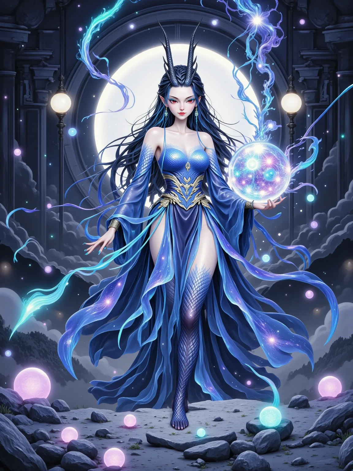 Asian Witch,black hair,Blue body,cat ears,Long slender fingers,Casting Lightning ,Holding a marble,Fairy flies behind,There is a griffin,Magic Castle,Snake-tailed Lion